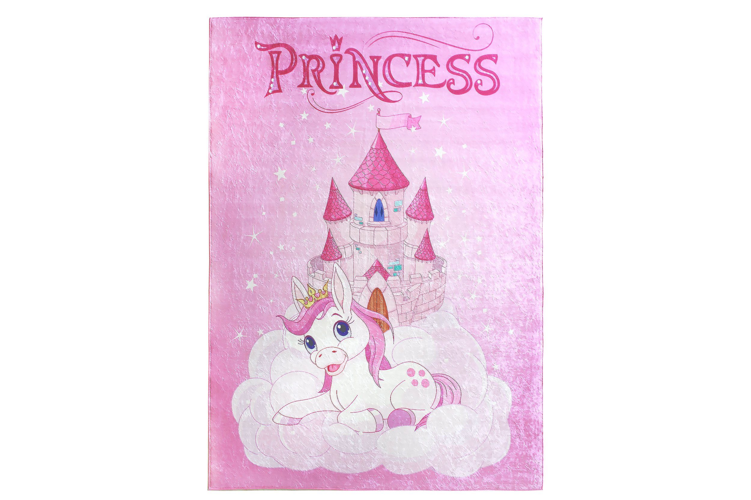 Teppich Teppich modern Design, Kinderteppich pink, Sehrazat, Rechteckig, Höhe: 5 mm, Motiv: Prinzessin, Princess, Schloß, Pony, glänzende Oberfläche, sehr schön