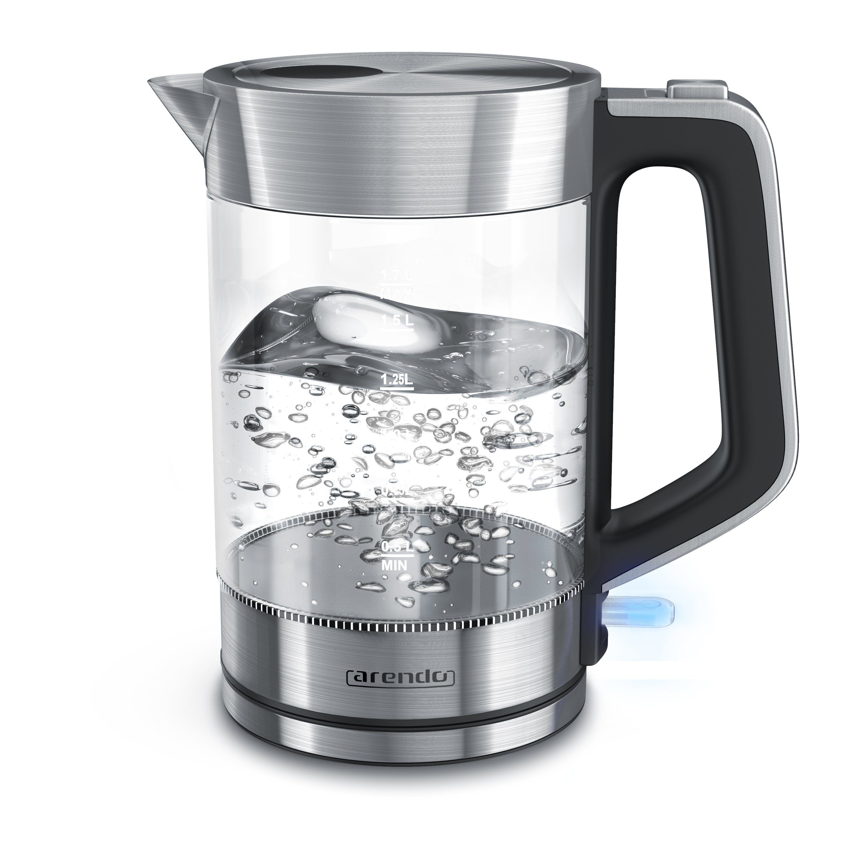 Arendo Wasserkocher aus Glas & Edelstahl, Cool-Touch-Griff, Füllstandsanzeige, Silber, 1,7 l, 2200 W, Überhitzungsschutz, One Touch Verschluss, automatische Abschaltung