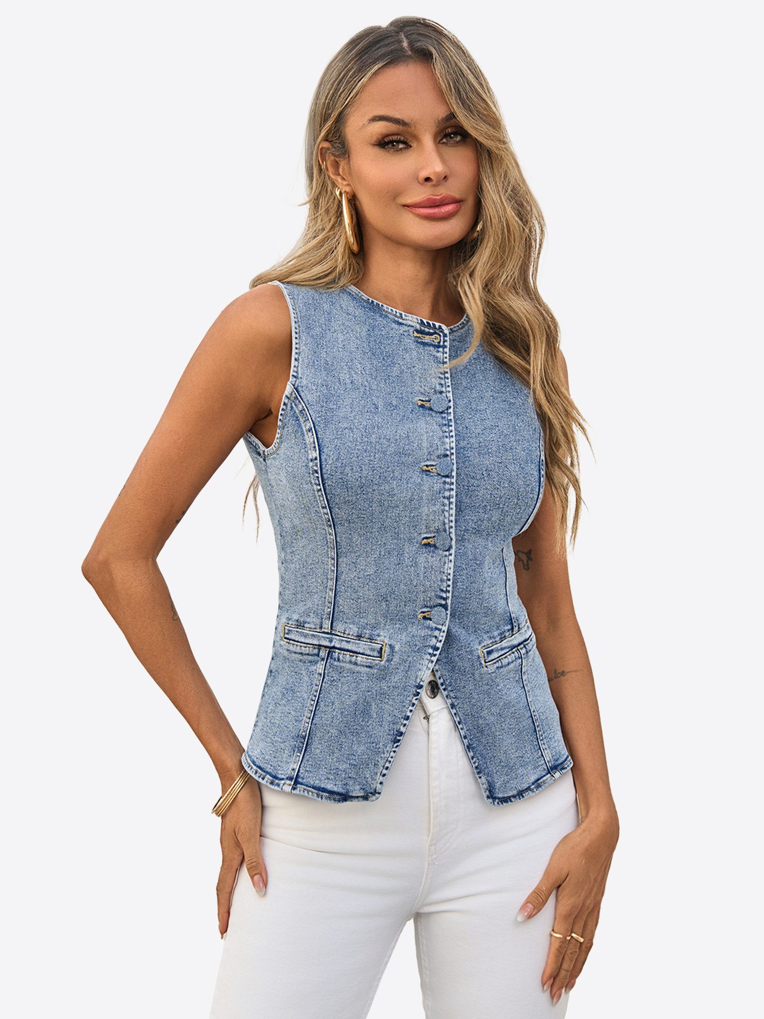 Imily Bela Jeansweste Damen Denim mit Rundhalsausschnitt und Knopfleiste Slim Fit (Packung, 1-tlg., 1per-Pack) in Unifarbe