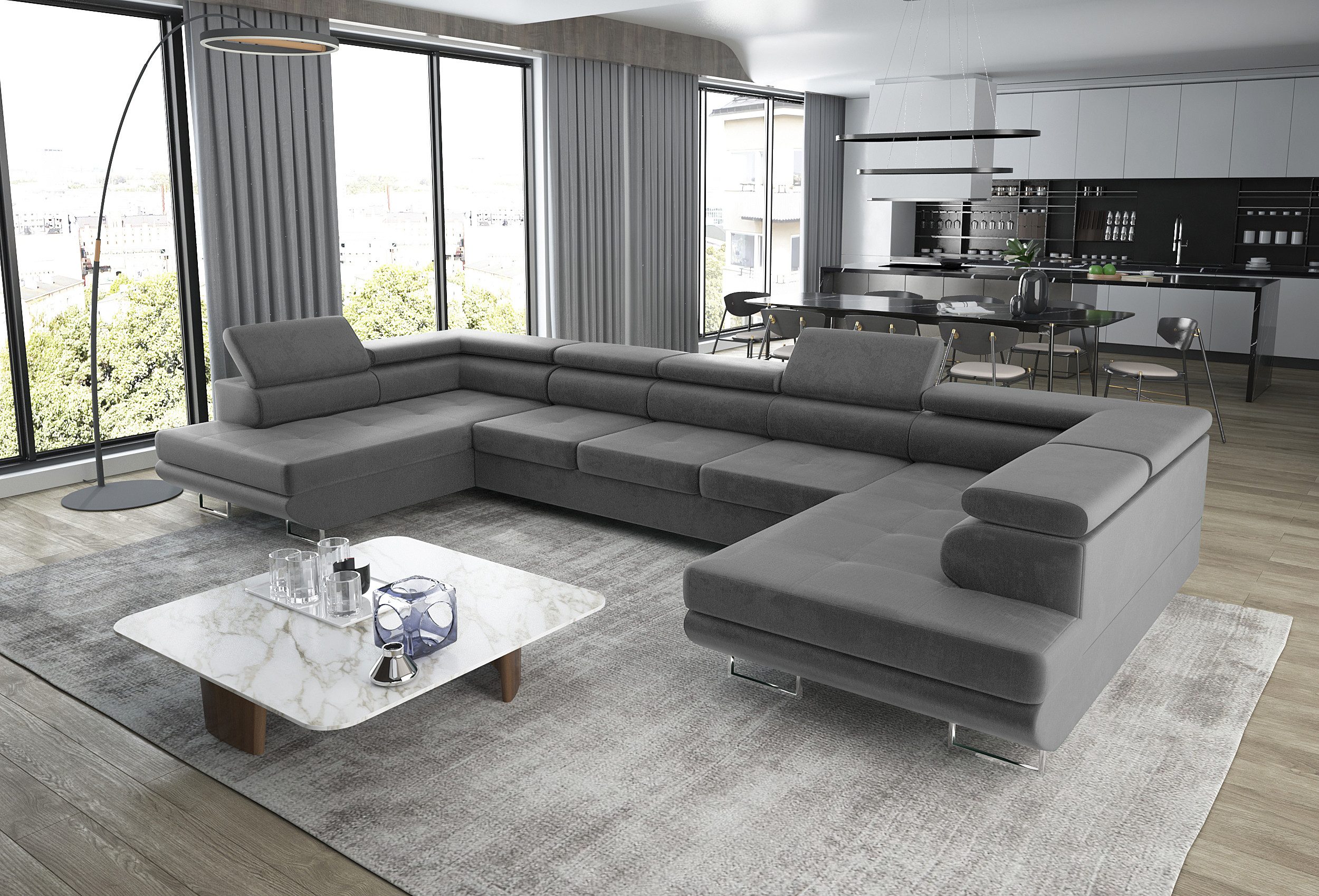 thematys Ecksofa Aston U 403 x 203cm mit Schlaffunktion & Bettkasten –, U-Sofa mit verstellbaren Kopfstützen, Samt (Monolotith), oder Cord (Poso), - U-Form, XL-Wohnlandschaft, 390 cm breit
