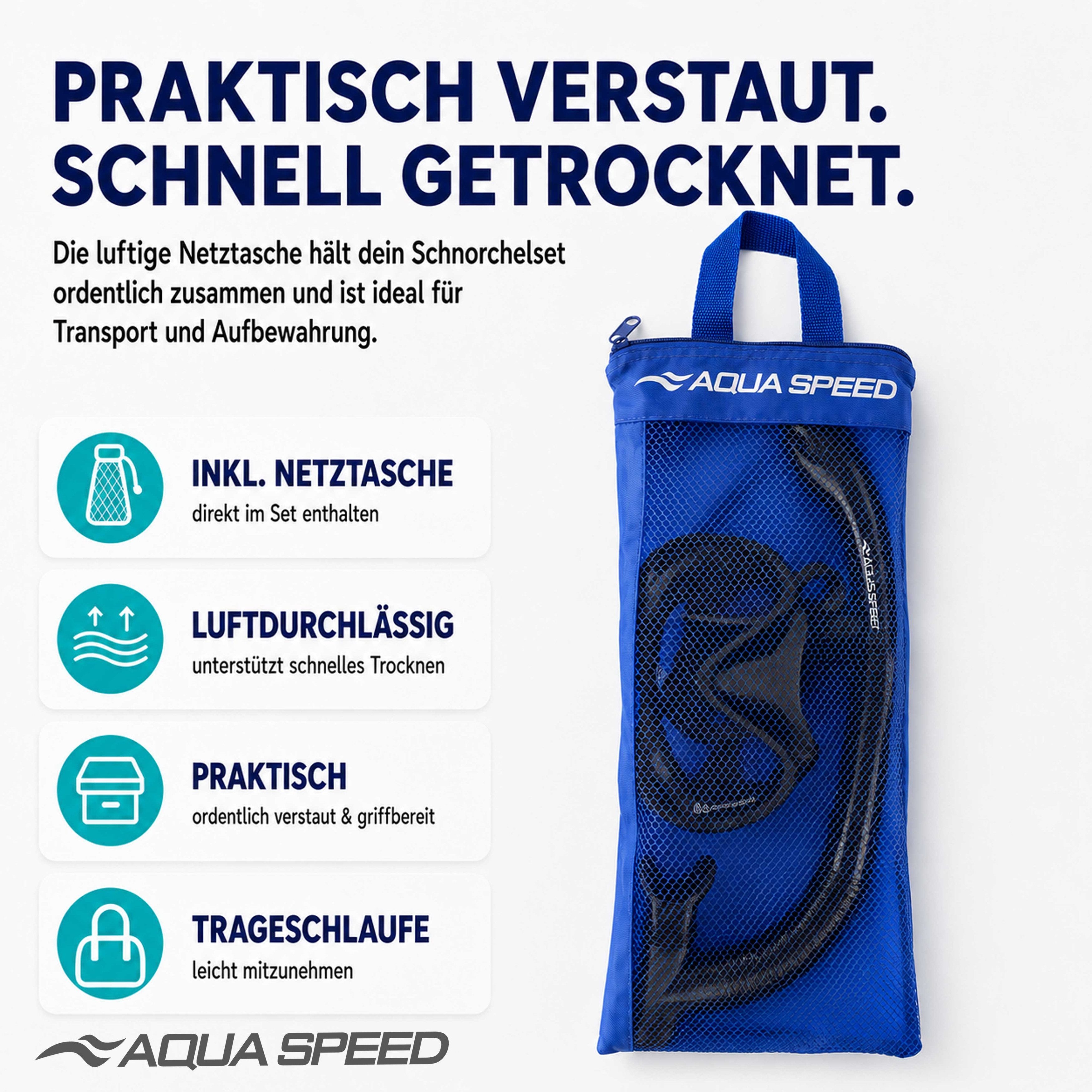 Aqua Speed Schnorchel Carprera & Elba Tauchmaske und Schnorchel Set, Taucher Set (Schwimmmaske mit gehärtetem Glas), Taucherbrille Stoffband Einzellinse – Bild 5 von 5