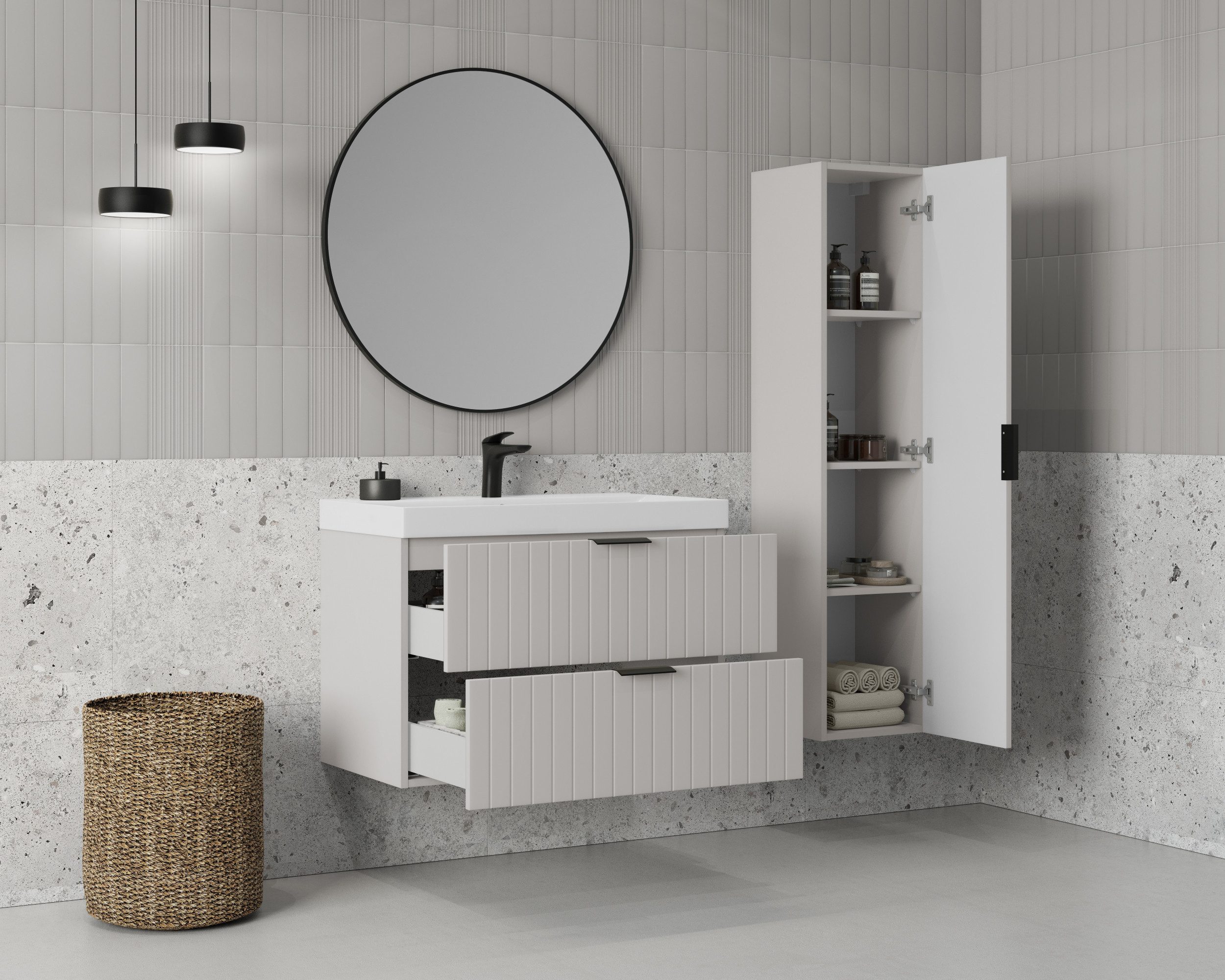 welltime Hängeschrank HARMONY rechts/links montierbar, Breite 32 cm, modernes Design Schrank mit 3 Einlegeböden, Soft-Close-Function, Paneeloptik – Bild 4 von 5