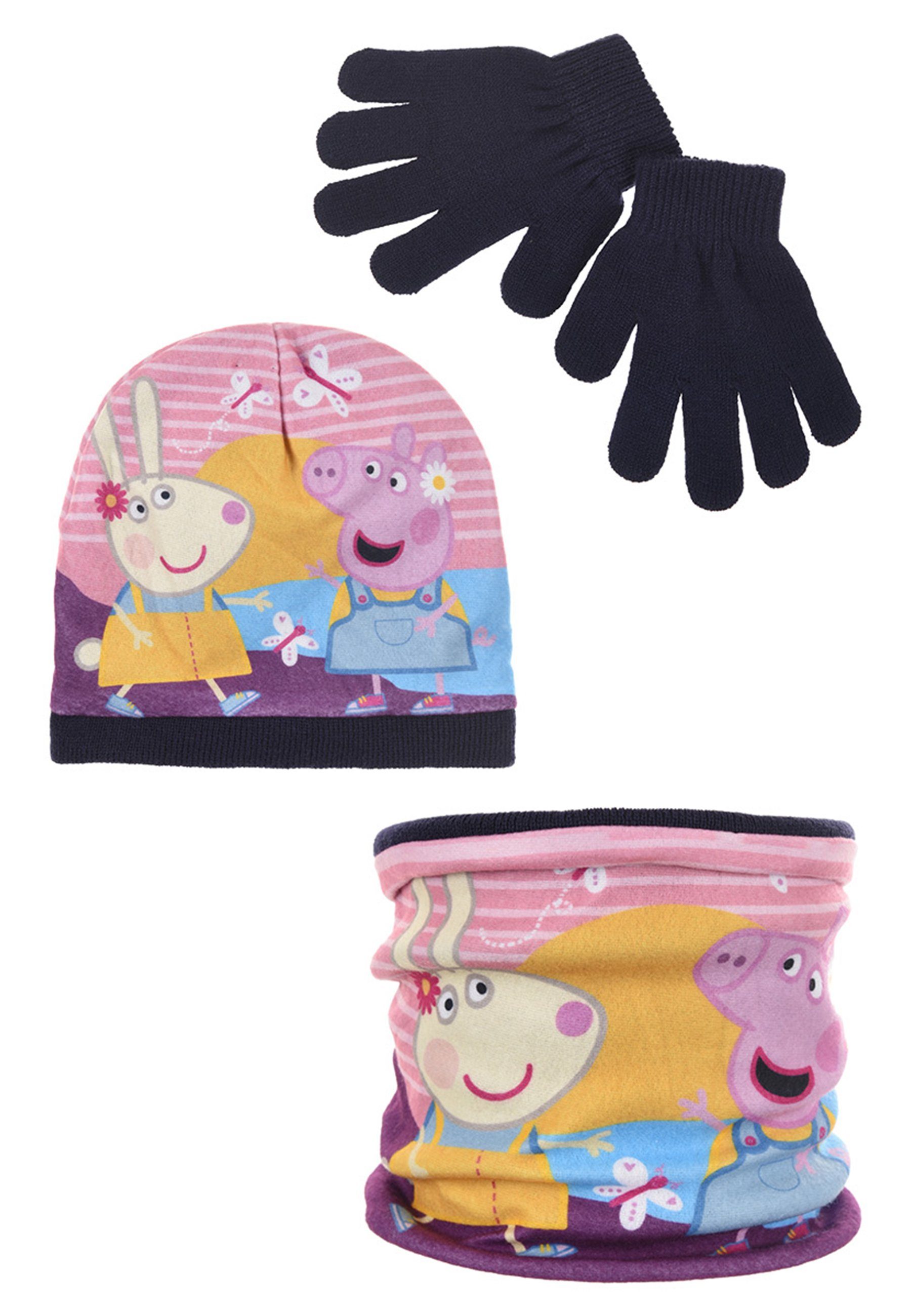 Peppa Pig Mütze & Schal Kinder Winter-Set 3 tlg. Mütze, Schal & Handschuhe (SET, 3-tlg)