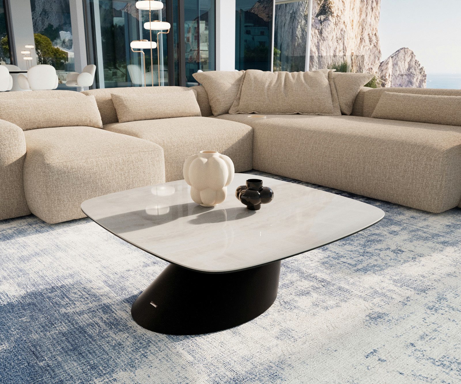 DELIFE Couchtisch Edge, Boot 90x90 cm Keramik Onyx Champagne Conis Metall Schwarz