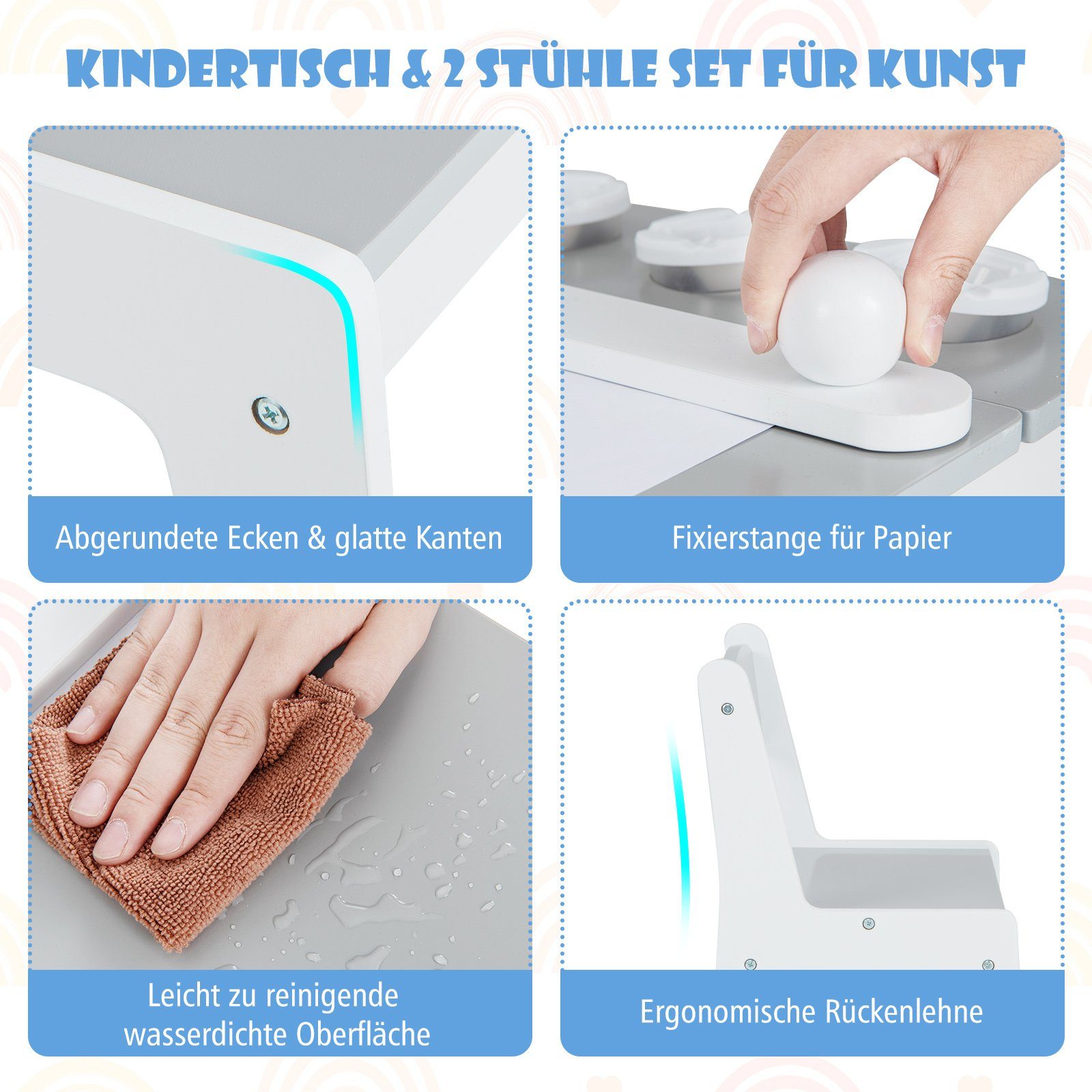COSTWAY Kindersitzgruppe 3 TLG, Tisch mit 2 Stühlen & Stauraum, ab 3 Jahren