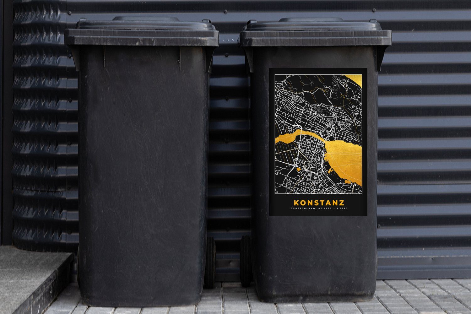 MuchoWow Wandsticker Konstanz - Gold - - Container, Karte Sticker, - Mülltonne, Mülleimer-aufkleber, Abfalbehälter St), Deutschland Stadtplan (1