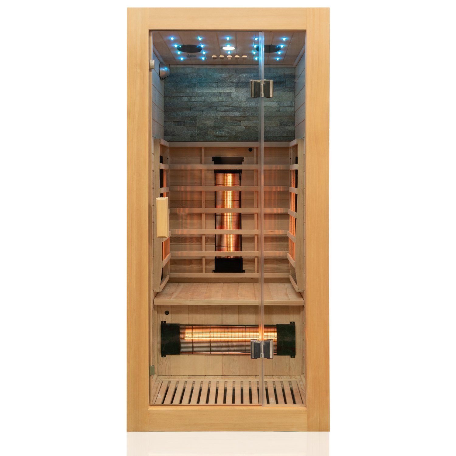 Dewello Infrarotkabine MILTON 90 Wärmekabine, bis zu 1 Personen, 4 Vollspektrumstrahler, BxTxH: 90 x 90 x 190 cm, Natursteinwand, inkl. Ionisator mit Ozondesinfektion, Multimedia HiFi
