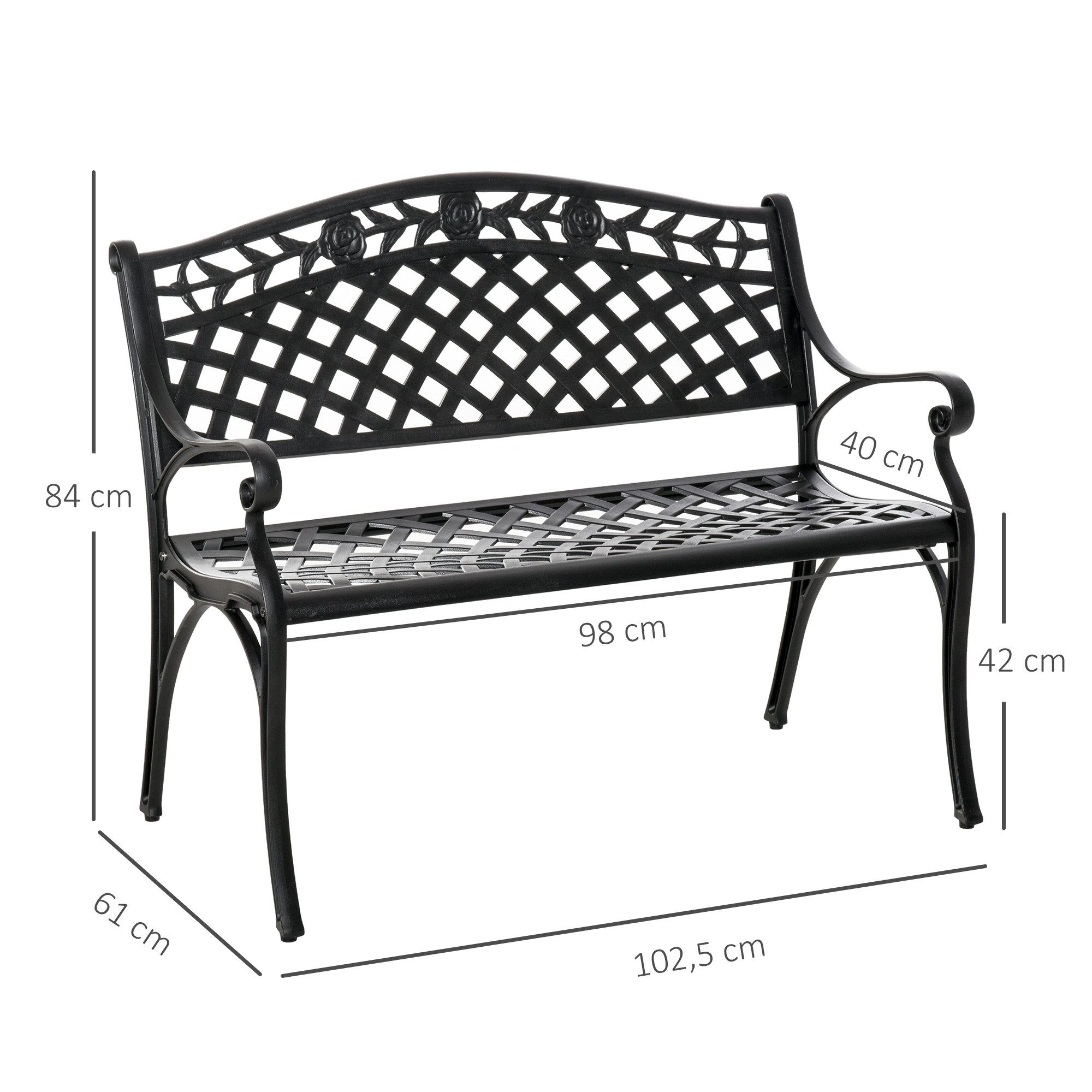 Outsunny Gartenbank 2-Sitzer Sitzbank Alu Bank mit Armlehnen Landhausstil (Gartenbank, 1-St., Metallbank), Schwarz 102,5 x 61 x 84 cm