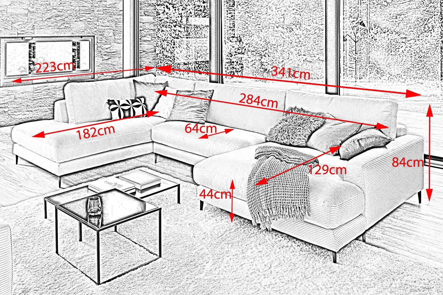 versch. U-Form Longchair Cord, rechts taupe links, od. Sofa KAWOLA Wohnlandschaft Farben CARA,