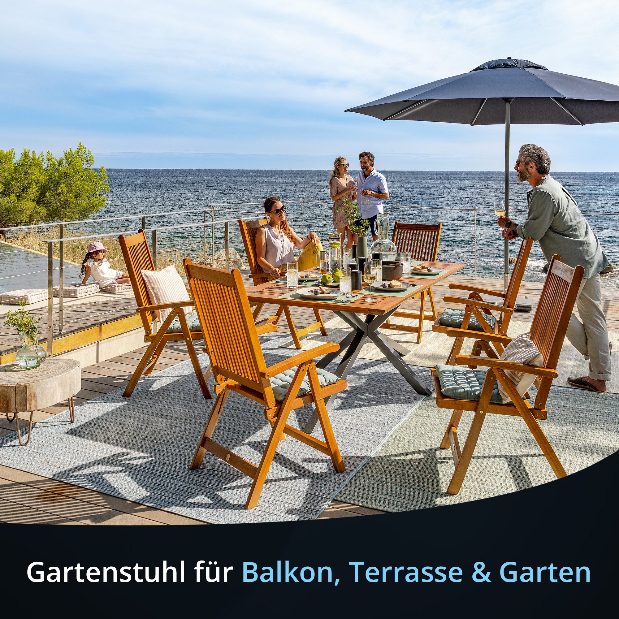 KHG Gartenstuhl Hochlehner mit Armlehnen aus 100% Akazien-Echtholz (klappbar, wetterfest, verstellbare Rückenlehne, 110kg belastbar)