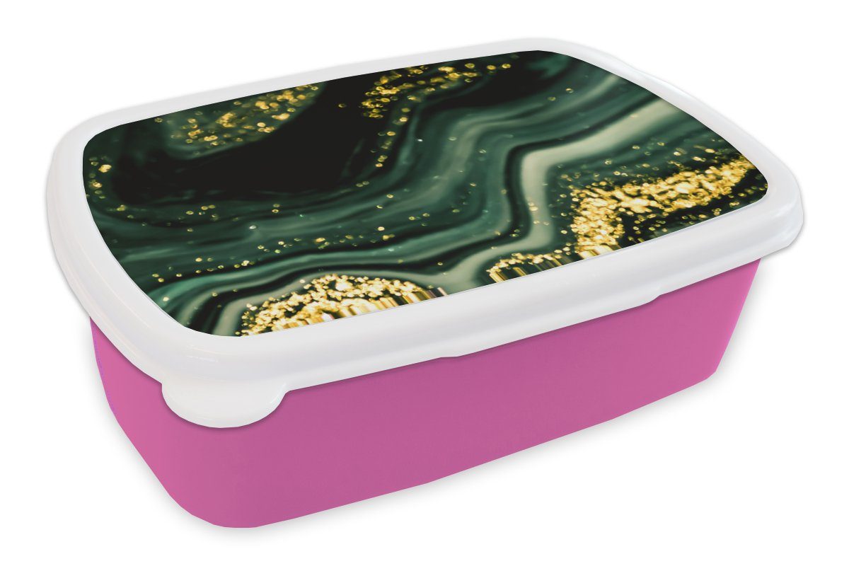 Kinder, für Mädchen, - Glitter rosa Marmor Gold Brotbox - - Erwachsene, - Marmoroptik (2-tlg), Kunststoff Lunchbox Snackbox, Luxus, MuchoWow - Brotdose Grün Kunststoff,