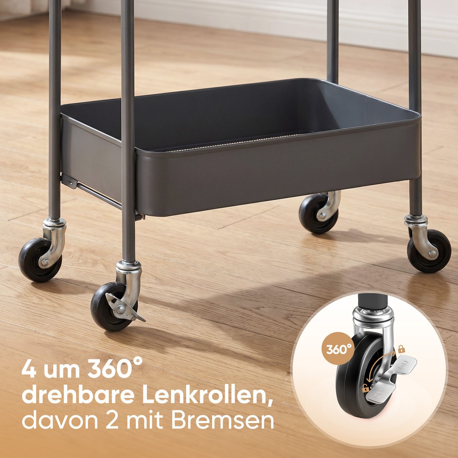 Sekey Küchenwagen Servierwagen mit Rollen Beistellwagen mit 3 Ablageebenen aus Metall, Innovatives Klick-Design für schnelle Montage ohne Schrauben