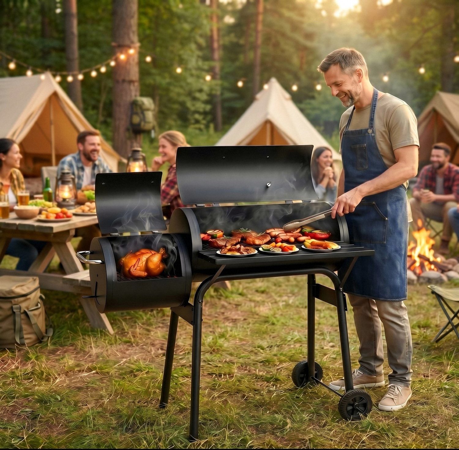 TLGREEN Holzkohlegrill 2-in-1 Holzkohlegrill & Smoker, BBQ Rauchgrill Grillwagen mit Schornstein, Thermometer, Mobiler Gartengrill mit Ablagefläche und 2 Rädern, Outdoor Grill für Garten, Terrasse, Camping, 4-6 Personen