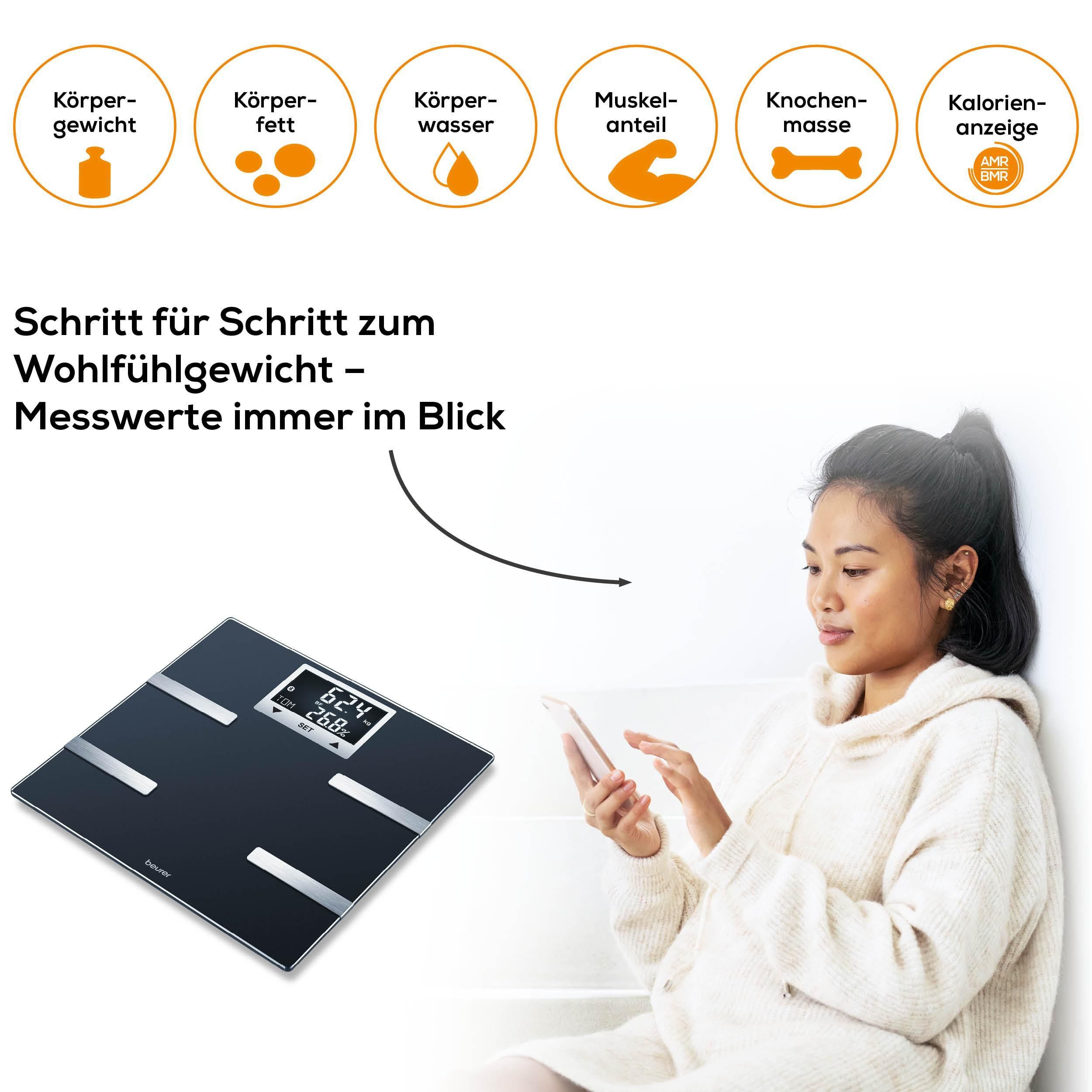 BEURER Körper-Analyse-Waage BF 720 Messung von Körperfett, Muskelanteil, Kalorienanzeige usw., Körperanalyse, mit App zur Übertragung und Tracking der Messwerte – Bild 5 von 5