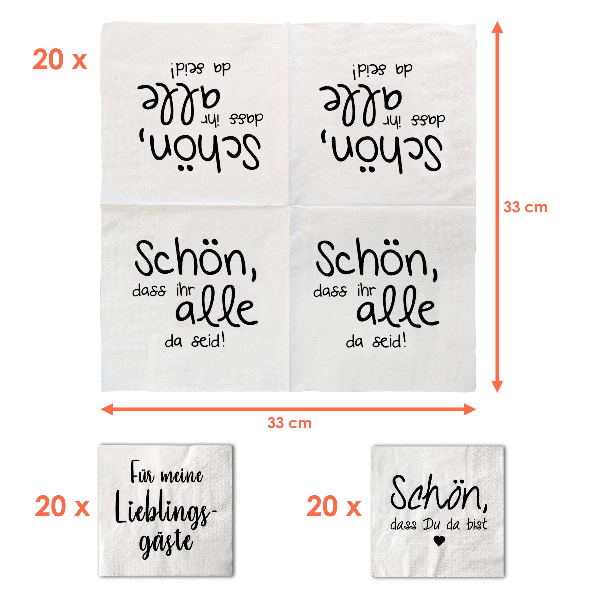 Spetebo Papierserviette Servietten 60 Stück mit 3 verschiedenen Motiven - Gastfreundschaft, (Set, 60 St., Papierservietten), Tischdeko Papierservietten 3er Set mit Spruch