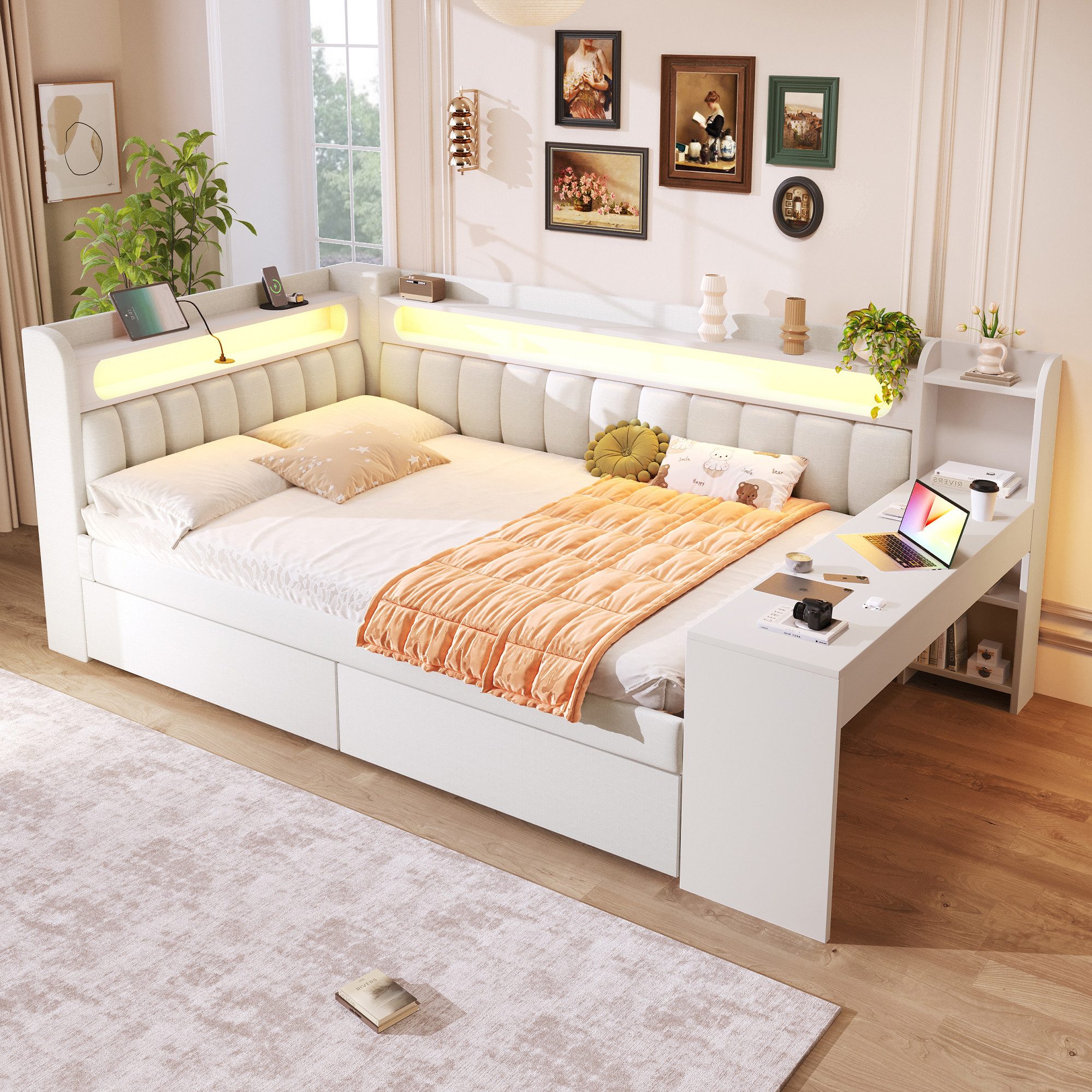 Flieks Daybett, Polsterbett 140x200cm mit 2 Schubladen, USB, LED und Schreibtisch