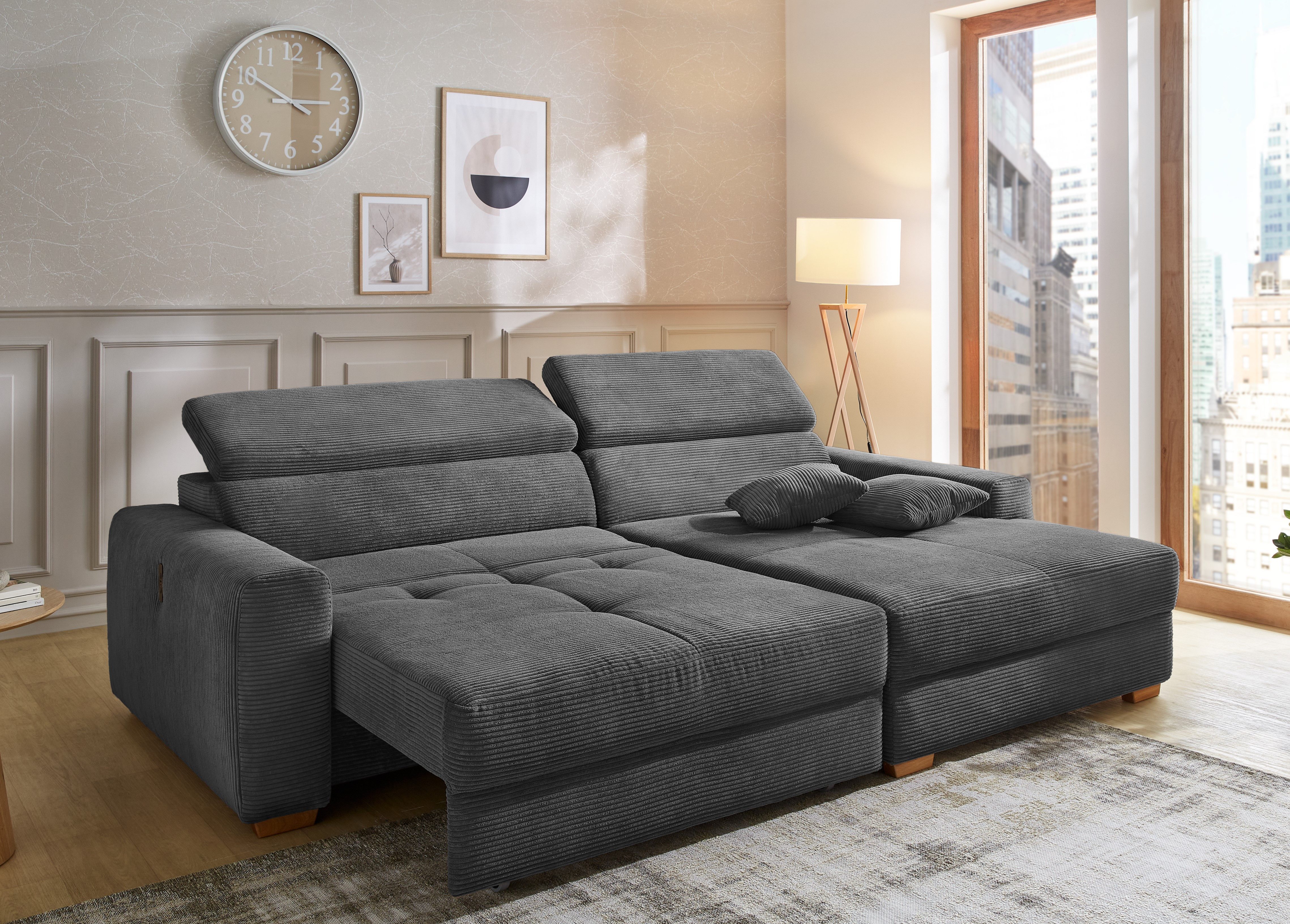 Jockenhöfer Gruppe Ecksofa Slider L-Form, B: 277 cm, mit 60 cm elektr. Sitztiefenverstellung, 140kg Belastbarkeit, USB-Anschluss, Kopfteilverstellung & Zierkissen