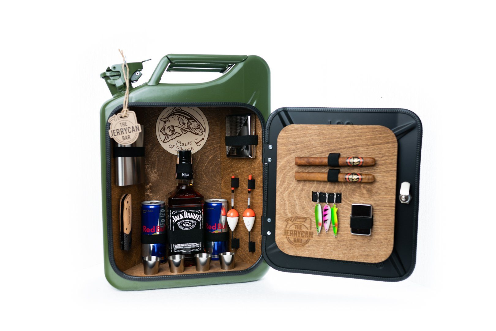 Deggelbam Flaschenregal ORIGINAL Männerhandtasche - JerryCan Bar Minibar, Geburtstagsgeschenk, Weihnachtsgeschenk oder Männergeschenk, Handgefertigt aus einem originalen 20 Liter US Army Kraftstoffkanister