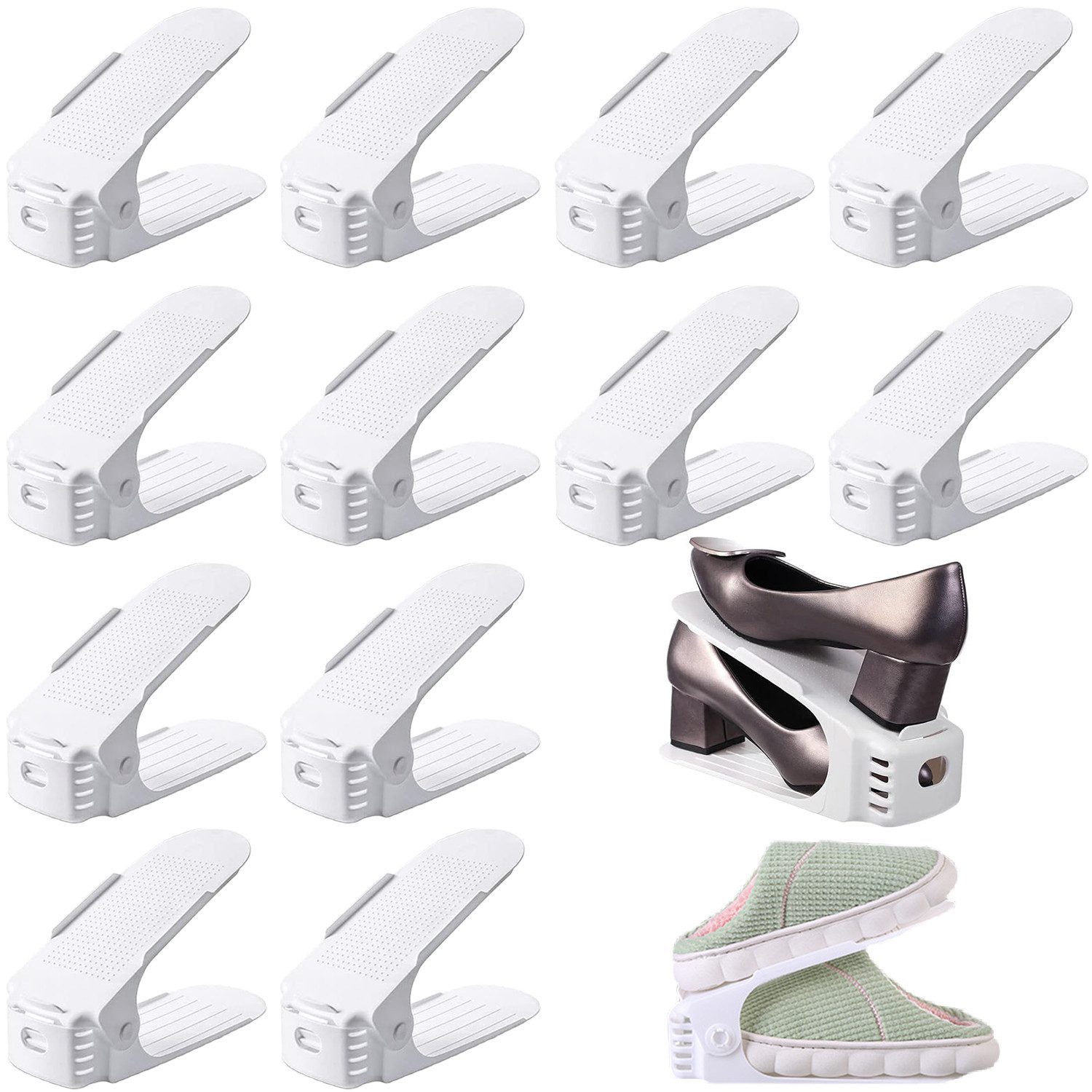 Refined Living Schuhbox 12stk Schuh organizer Schuhregal Schuhstapler Einstellbare PP-Material (Verstellbarer Schuhschlitz Doppelschicht 4 höhenverstellbar Rutschfest, 12 St., Schuhaufbewahrung Schuhhalter Platzsparendes Schuhständer Weiß), für Kinderschuhe, Sportschuhe, Hausschuhe, flache, High Heels usw.