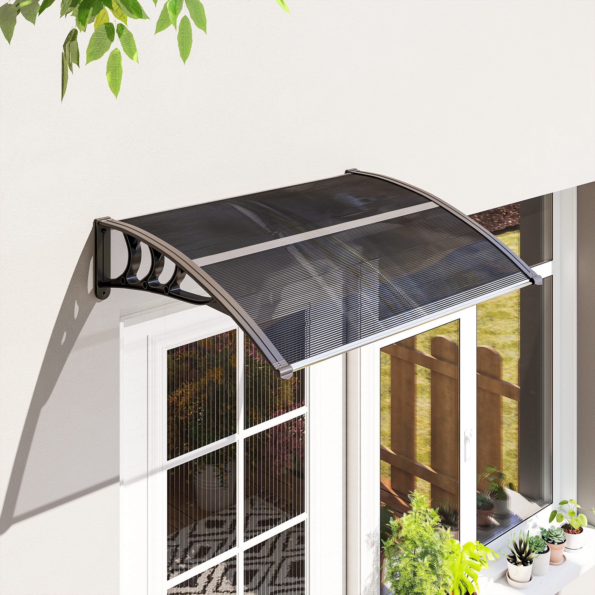 Outsunny Pultvordach Vordach Überdachung aus Aluminium und Polycarbonat, UV-Schutz (Pultbogenvordach, 1 St., Haustürvordach), für Balkon, Sonnenschutz, Regenschutz, Schwarz