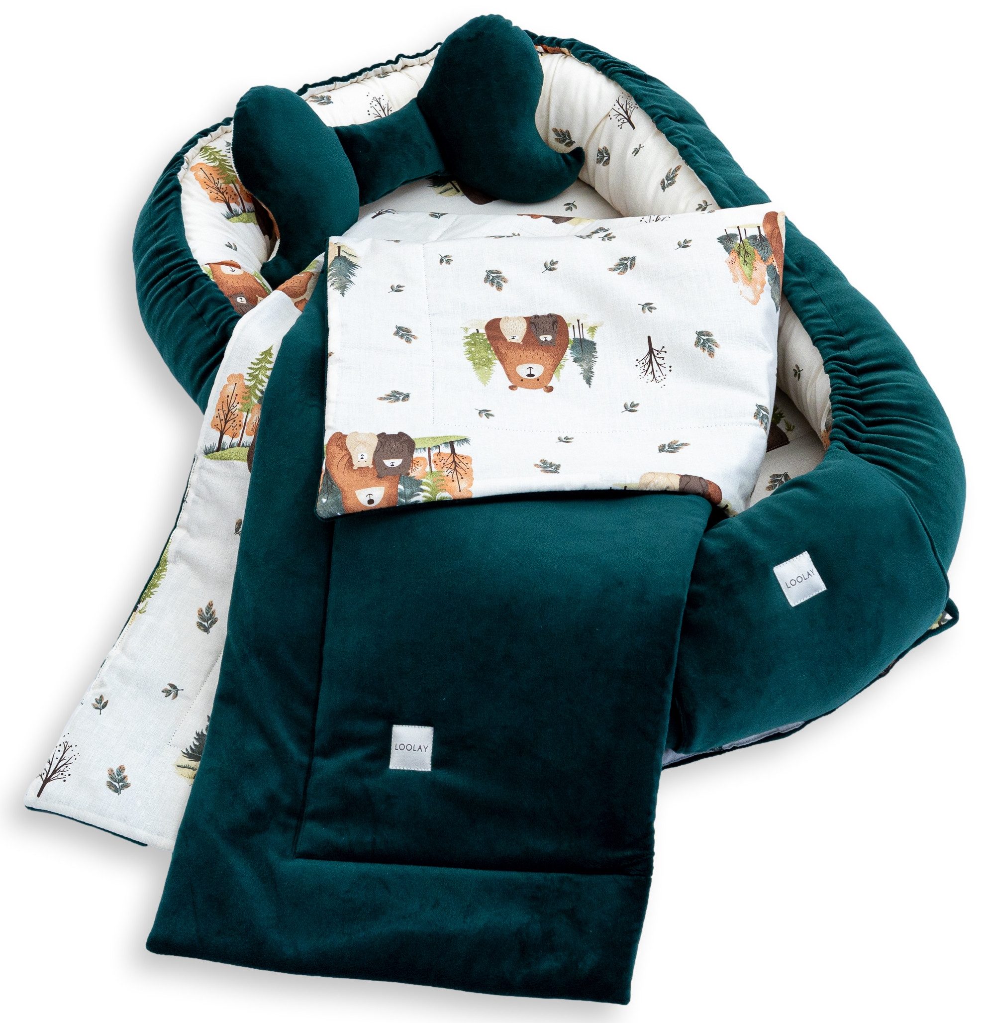 Loolay Kuschelnest BABYNEST + DECKE + Kissen Babyausstattung Baumwolle & Samt Velours, (MUSTER: GRÜN Samt Velour/ Beige Bärchen Familie, 3-tlg., Liebevoll handgefertigt Nestchen! Geborgenheit Komfort für Neugeborene), Premium Ausstattung - 100% Europäische Stoffe und Kleinserien-Nähen!