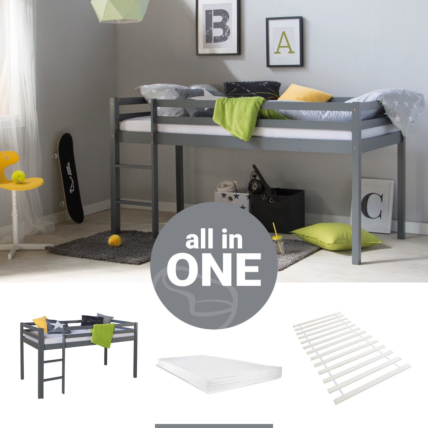 Homestyle4u Kinderbett 90x200 mit Latterost und Matratze in Grau 2257 günstig online kaufen