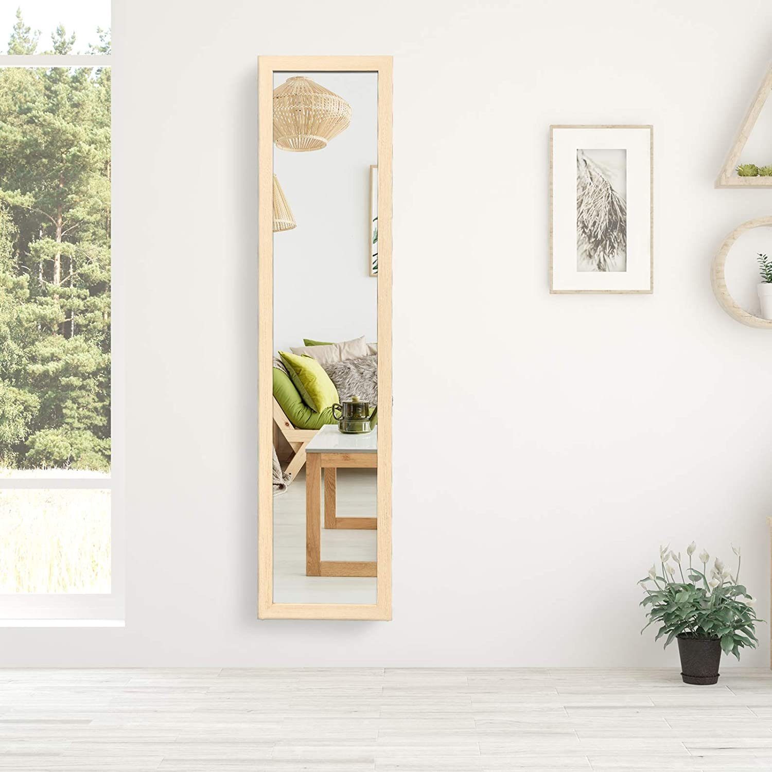 COSTWAY Ganzkörperspiegel, mit klappbarem Holzrahmen, stehend/hängend 37x155cm Natur