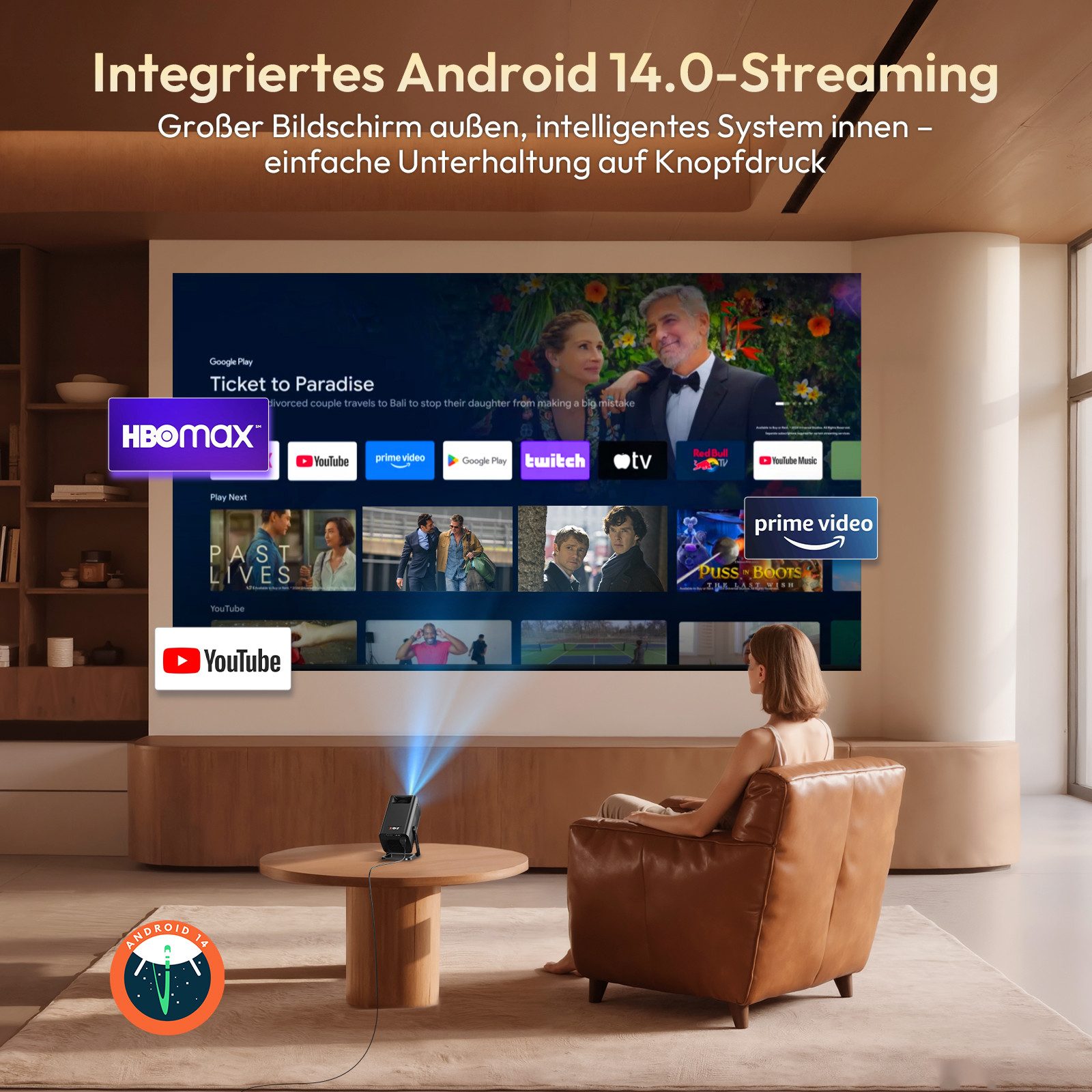 XGODY Android 14 Projektor Ultra HD 8K, Integrierte App,WiFi 6, BT 5.4 Mini-Beamer (12000 lm, 8000:1, 3840 x 2860 px, KI-Auto-Keystone, 180°Dreh, Tragbarer Beamer Heimkino mit TV Stick)