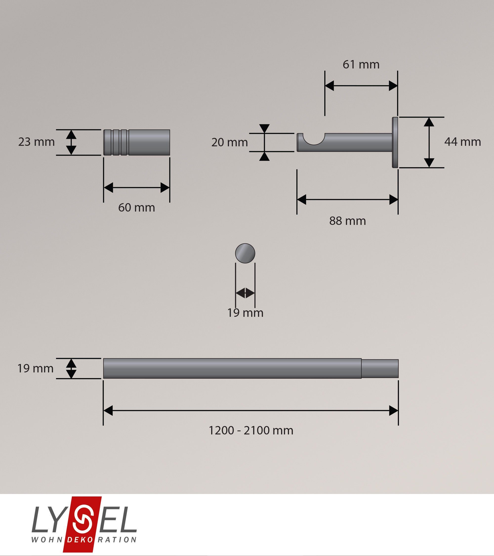Gardinenstange Jaspis Zylinder Stange LYSEL®, cm 16/19mm, 120-210 steingrau L