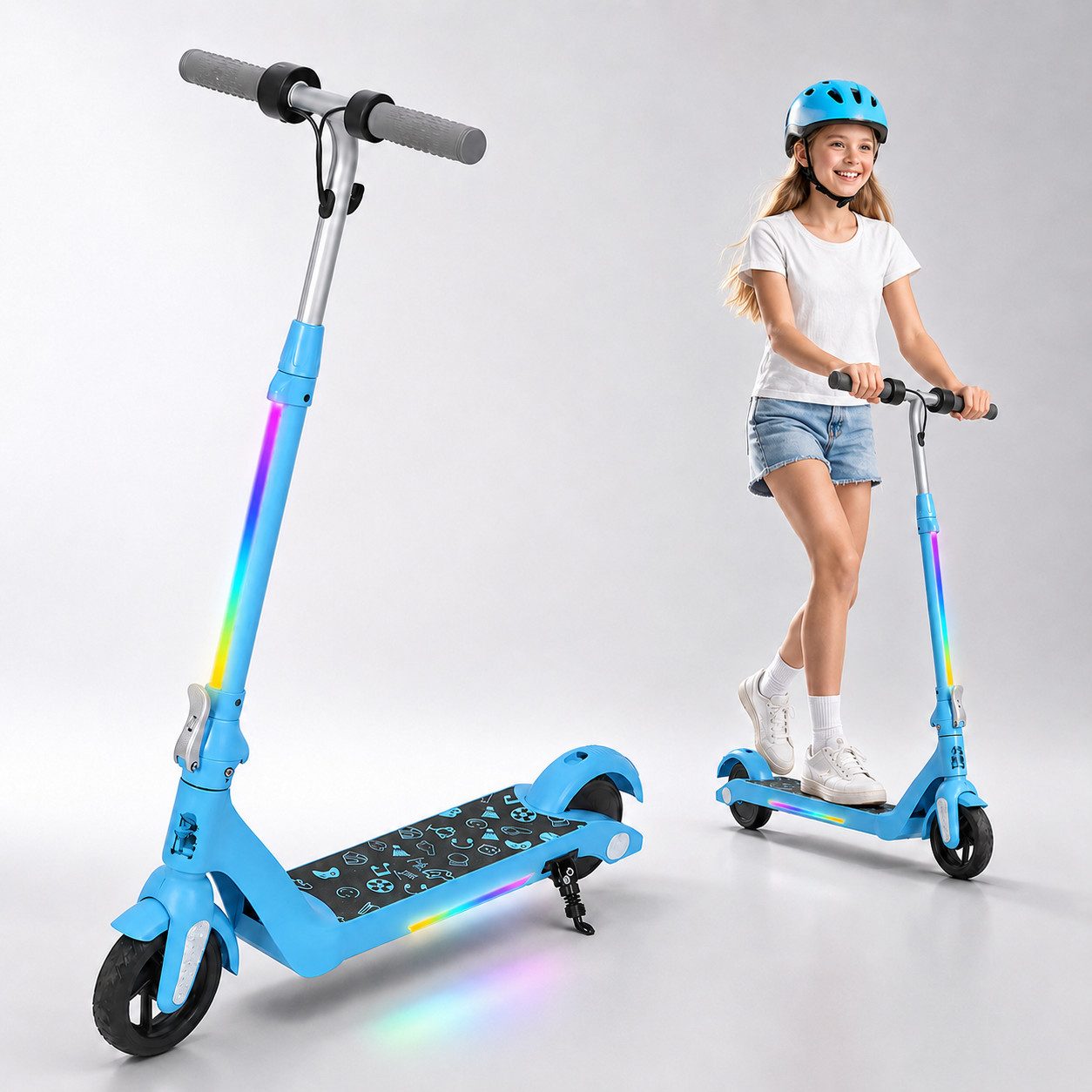 ANYSUN Elektro-Kinderroller Elektroroller für Kinder 6-12 Faltbarer E-Scooter Dual-Bremssystem, Belastbarkeit 50 kg, 6/10/15 km/h, 5-8km, LED-Beleuchtung, Leichtgewicht, Höhenverstellbar