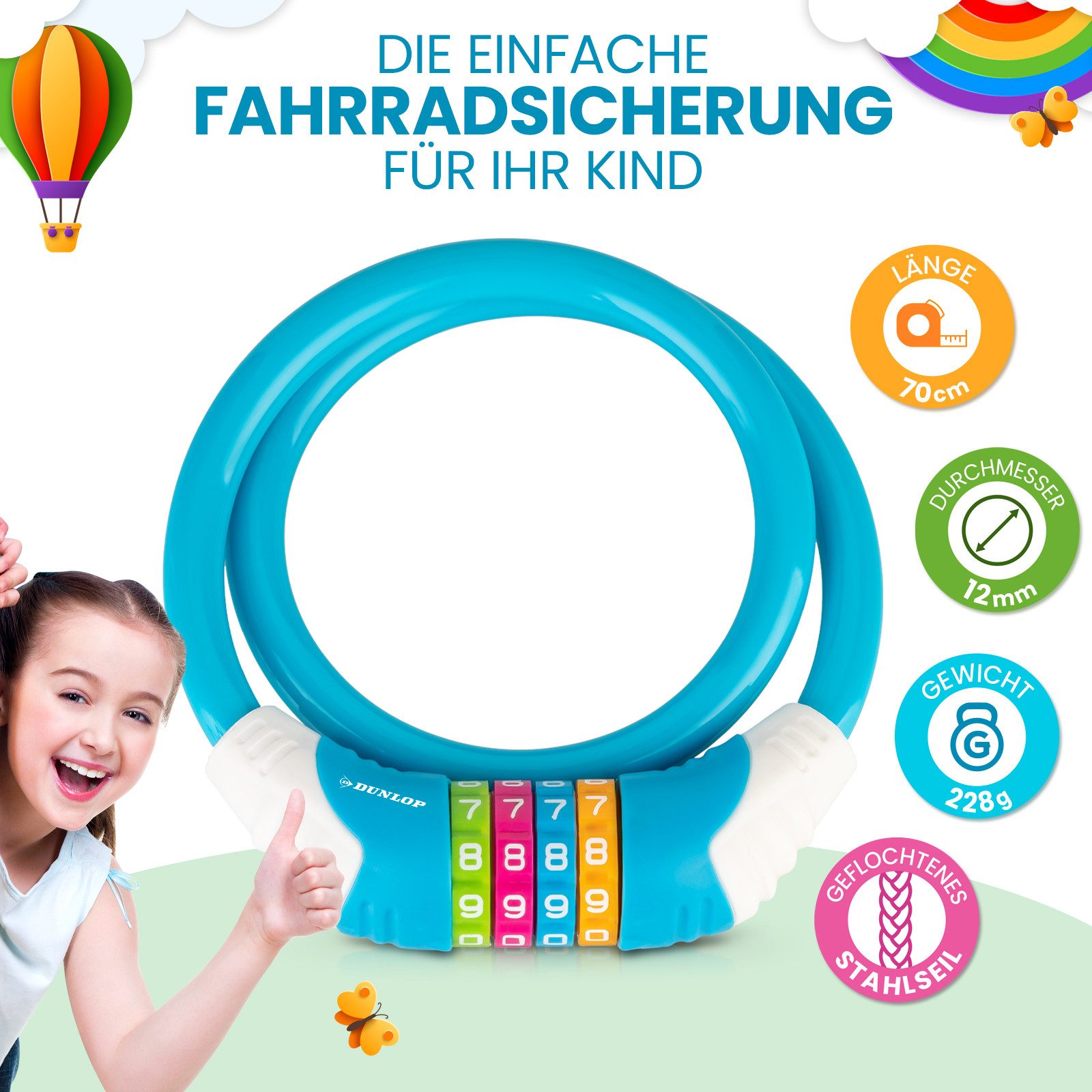 Dunlop Zahlenkettenschloss Fahrradschloss Zahlenschloss Kinder Fahrrad Schloss Sicherheitsstufe 5