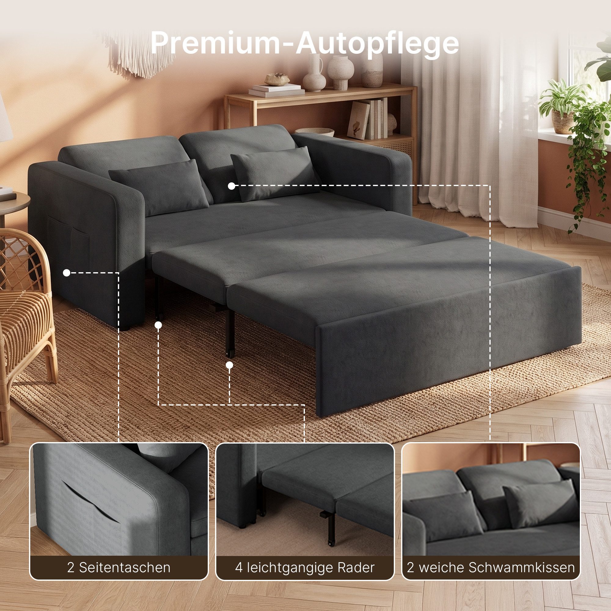 Blishom Schlafsofa 2-Sitzer-Schlafsofa aus Velours, ausziehbar, Liegefläche 117 x 196 cm, Mit Seitentaschen und zwei Zierkissen für Wohn- und Gästezimmer – Bild 5 von 5