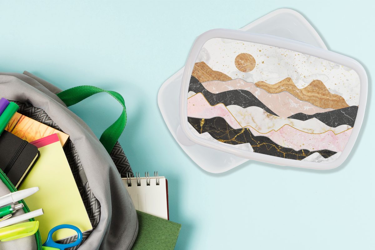 Brotdose, weiß Pastell, Lunchbox (2-tlg), Gold - MuchoWow Erwachsene, für Kinder - für Mädchen Marmor Jungs Brotbox Kunststoff, und und