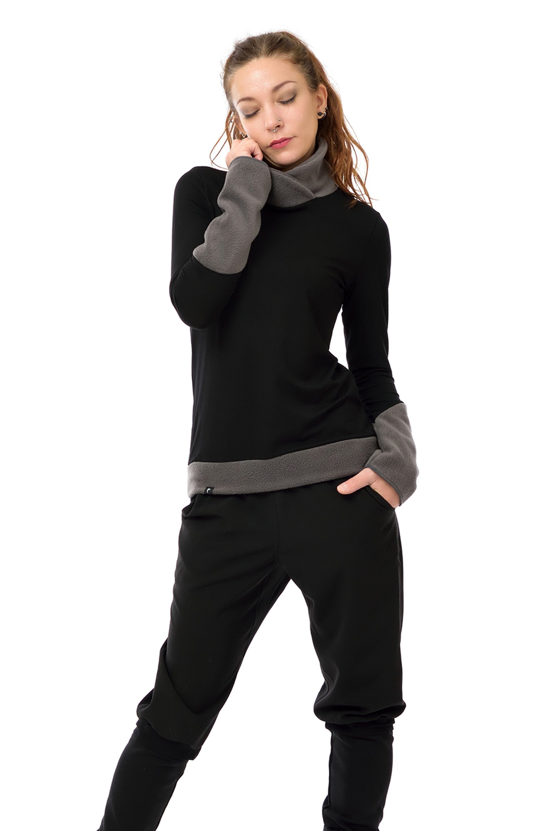 3Elfen Rollkragenpullover Winter Sweatshirt schwarz mit Fleece Rollkragen Grau