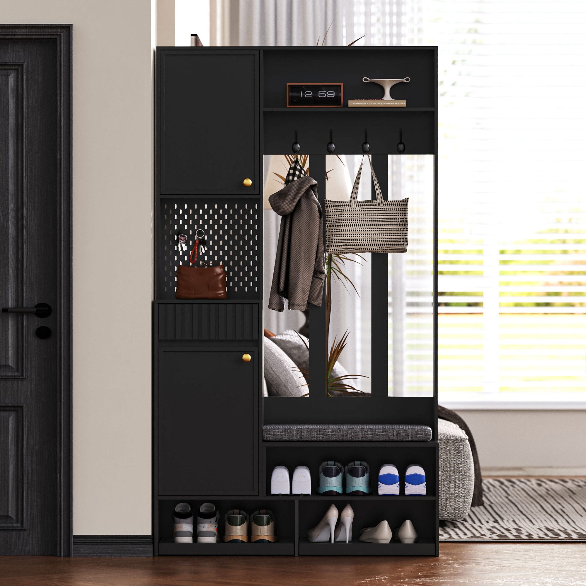 Ulife Garderoben-Set mit Schuhschrank, Sitzbank, 4 Haken, Pegboard, Türen & Schubladen, Komplett-Set Flurgarderobe, 100×180×35 cm (B×H×T)