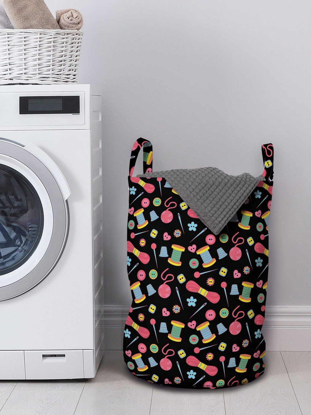 Abakuhaus Wäschesäckchen Wäschekorb mit Muster Griffen für Waschsalons, Bunte Gekritzel Werkzeuge Kordelzugverschluss Nähen