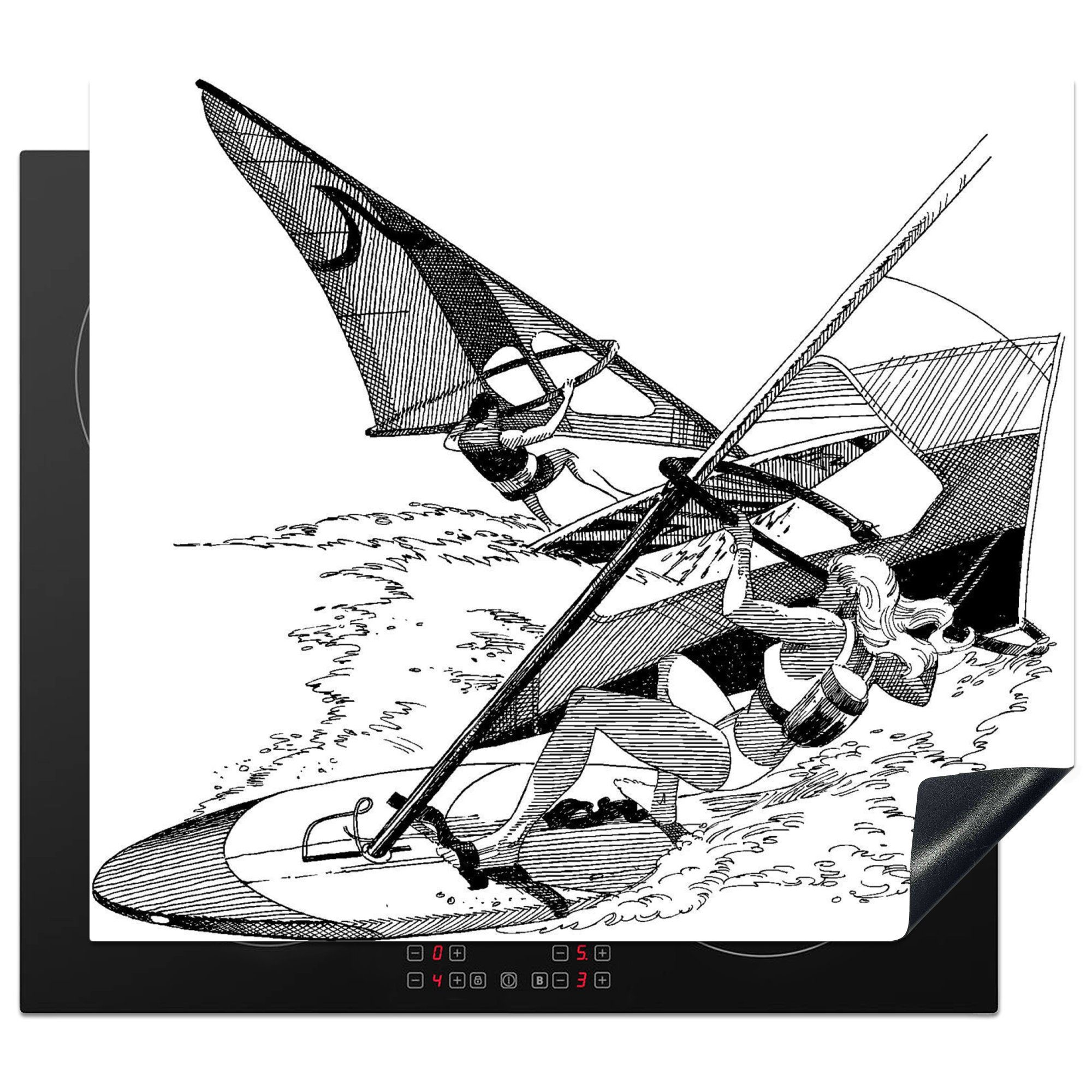 MuchoWow Herdblende-/Abdeckplatte Eine schwarz-weiße Illustration eines Windsurfers, Vinyl, (1 tlg), 60x52 cm, Mobile Arbeitsfläche nutzbar, Ceranfeldabdeckung
