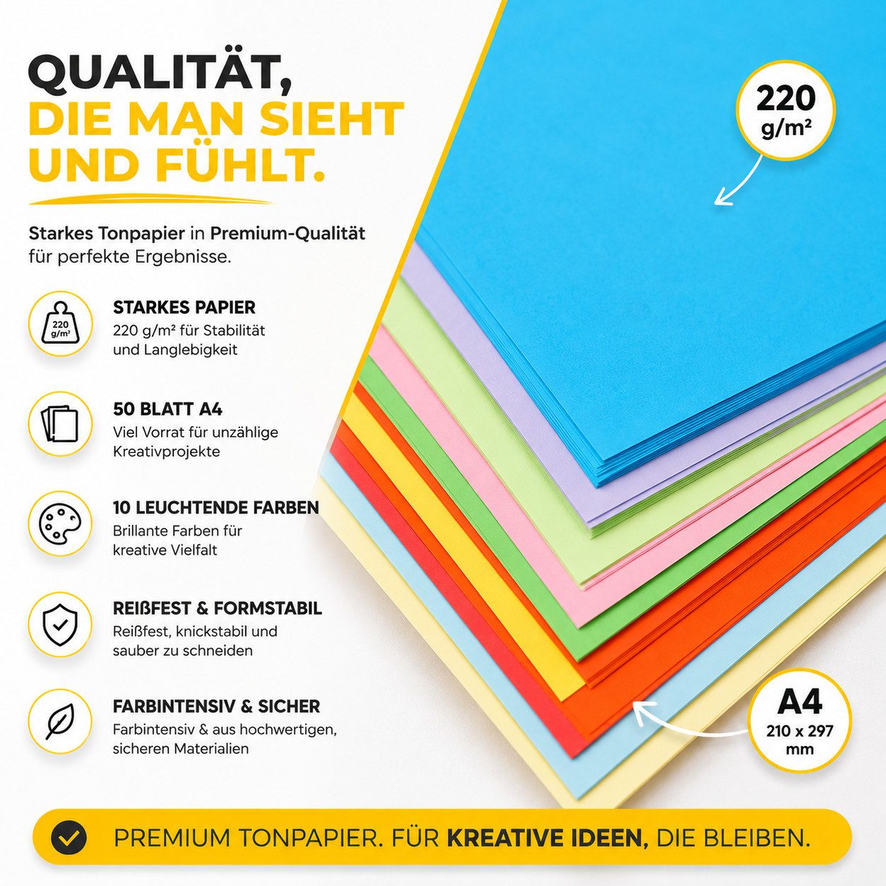 Bastelfreund® Bastelkartonpapier 50 Blatt Tonkarton DIN A4, 220 g/m², 10 Farben inkl. Gold und Silber, Bedruckbar, Papierstärke 230 g/m² – Bild 3 von 5