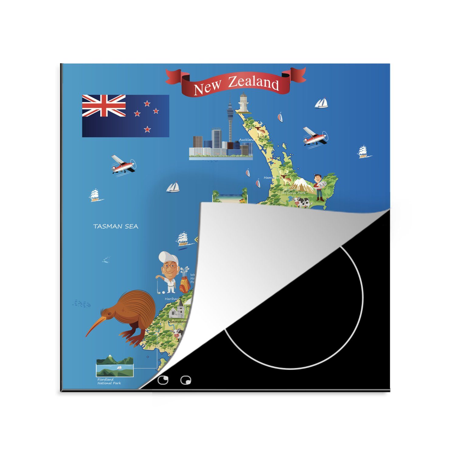 der Vinyl, Neuseeland, Cartoon-Illustration Ceranfeldabdeckung, Eine (1 78x78 tlg), MuchoWow küche von für Arbeitsplatte cm, Karte Herdblende-/Abdeckplatte