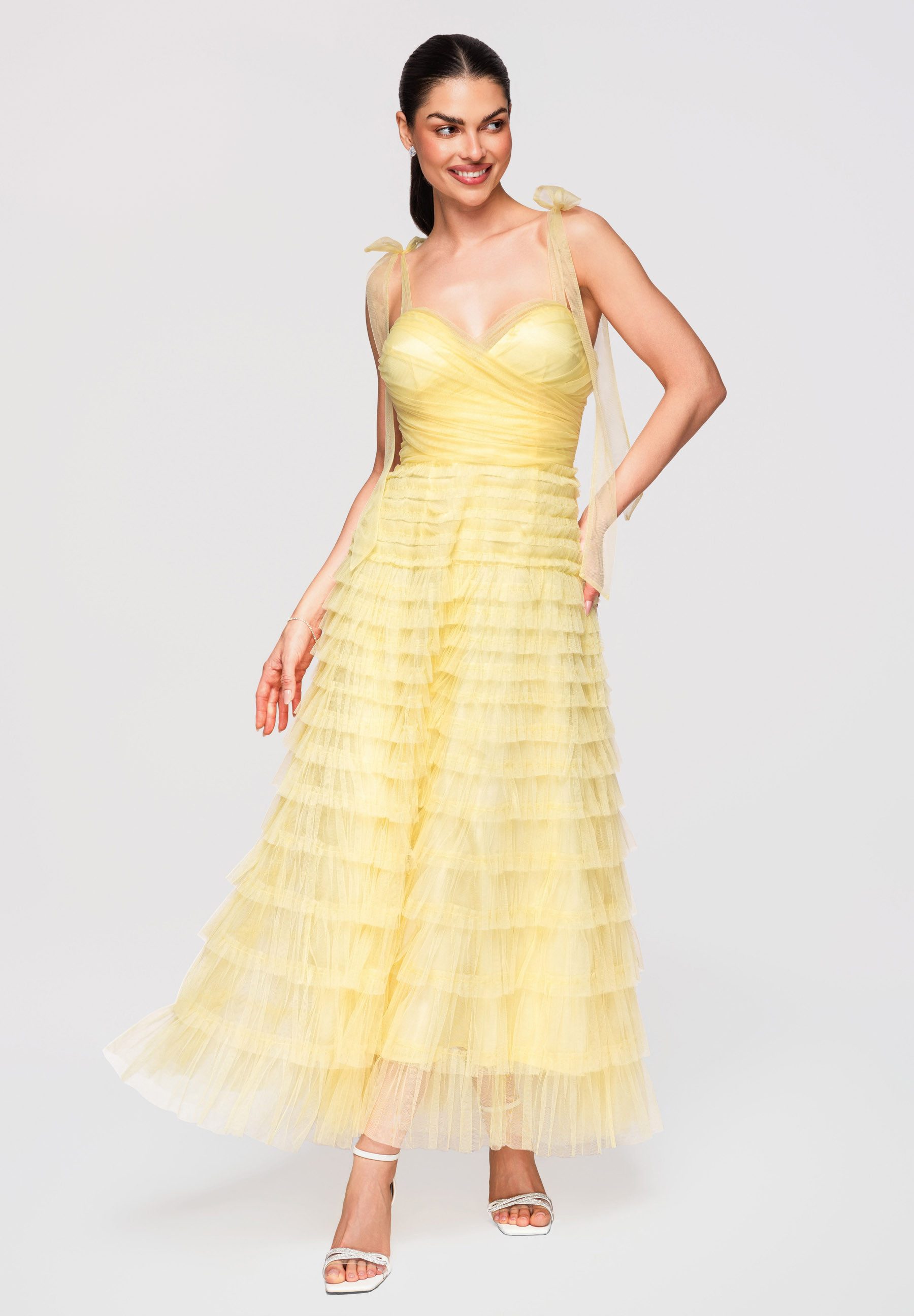 OMBRE Abendkleid Maxikleid Abendkleid Tüll mit Spitze Gelb S (kein Set, 1-tlg) Mehrlagiger Rockteil mit Rüschen
