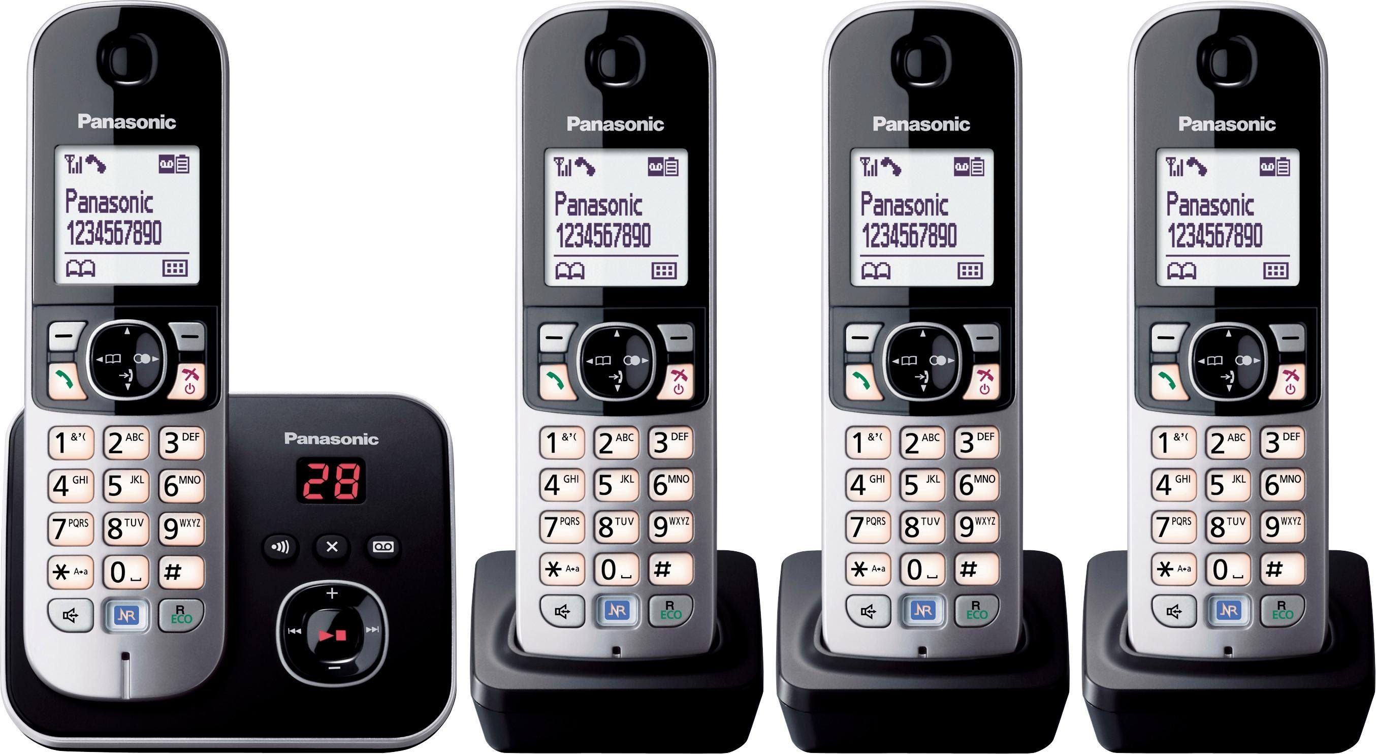 Panasonic KX-TG6824GB Schnurloses DECT-Telefon (Mobilteile: 4, Nachtmodis,  Freisprechen, Anrufbeantworter), mit 4 Mobilteilen, Anrufer- und Wahlsperre