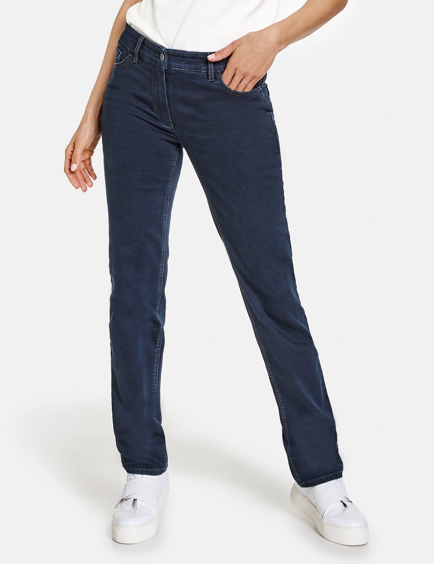 GERRY WEBER Stretch-Jeans 5-Pocket Jeans Straight Fit Dark Blue Denim