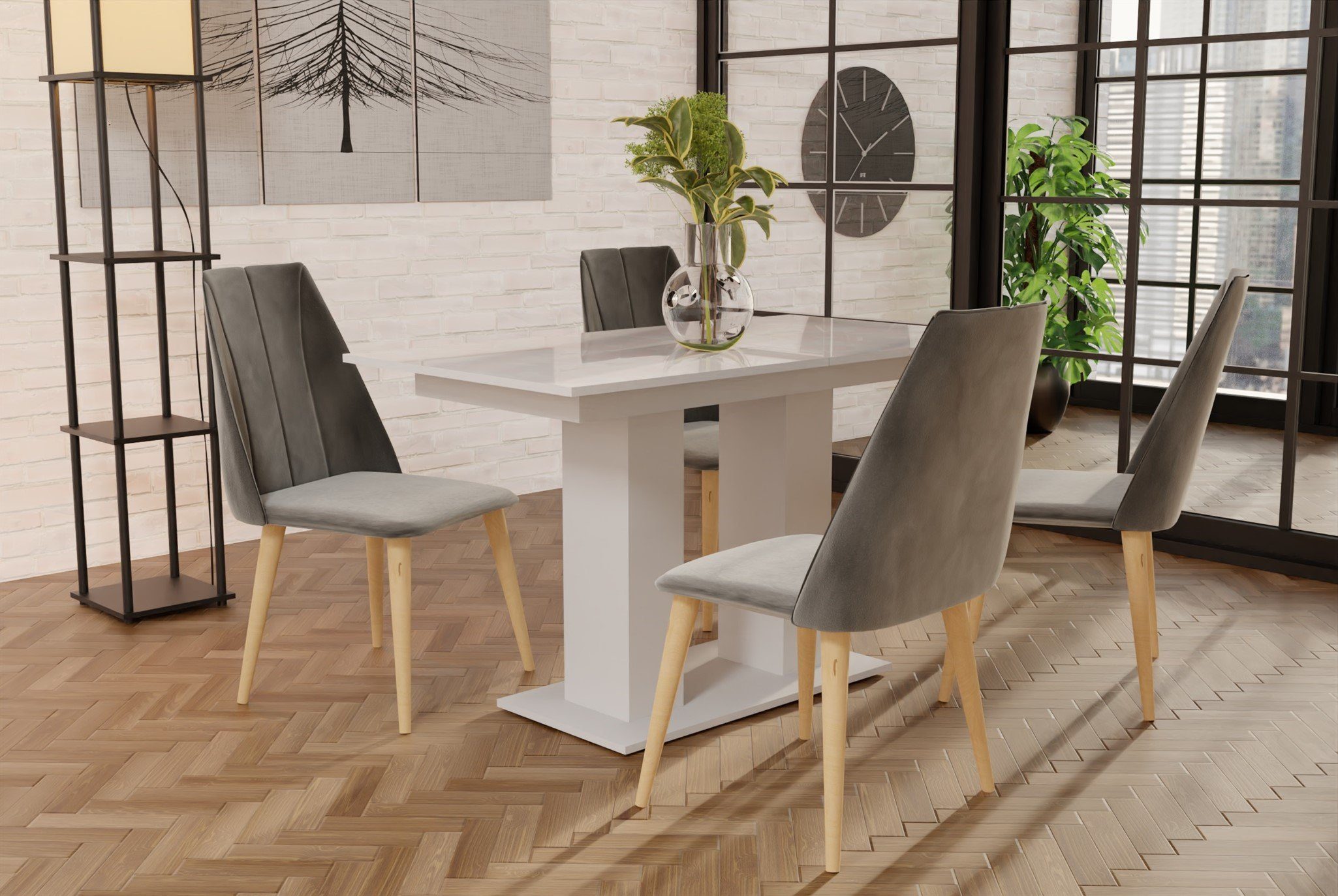 Fun Möbel Essgruppe Essgruppe und Stühlen (5-tlg), Weiß Grau ausziehbarer Hochglanz, mit DANTE CAROS Tisch Tisch 4