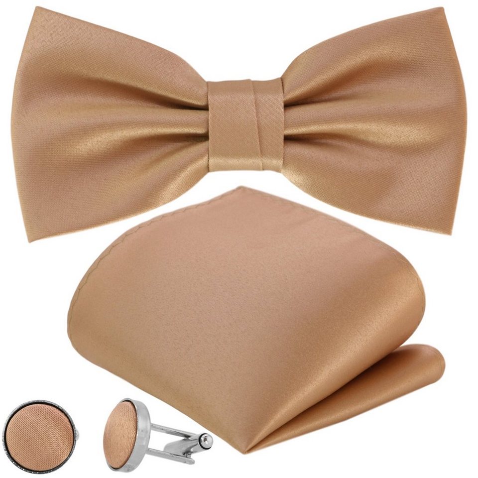 GASSANI Fliege Hochzeitsfliege, Herren-Schleife Kavalierstuch, Hochzeit  Bräutigam (Set, 3-St., Satin-Seiden Fliege, mit Einstecktuch,  Manschettenknöpfe) Uni, Mattes Seide-Touch-Finish, Vor-Gebunden Verstellbar