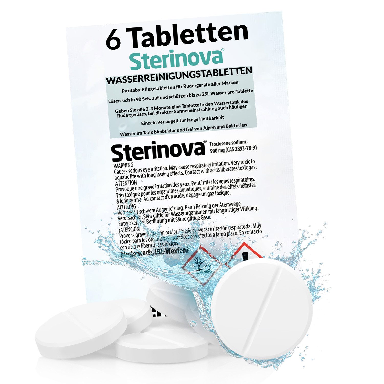 JB White Chlortabletten JB White Puritabs Sterinova 6x Rudergerät Wasser Tabletten je 25L, Für Waterrower, tötet Bakterien und Algen, entkeimt Trinkwasser