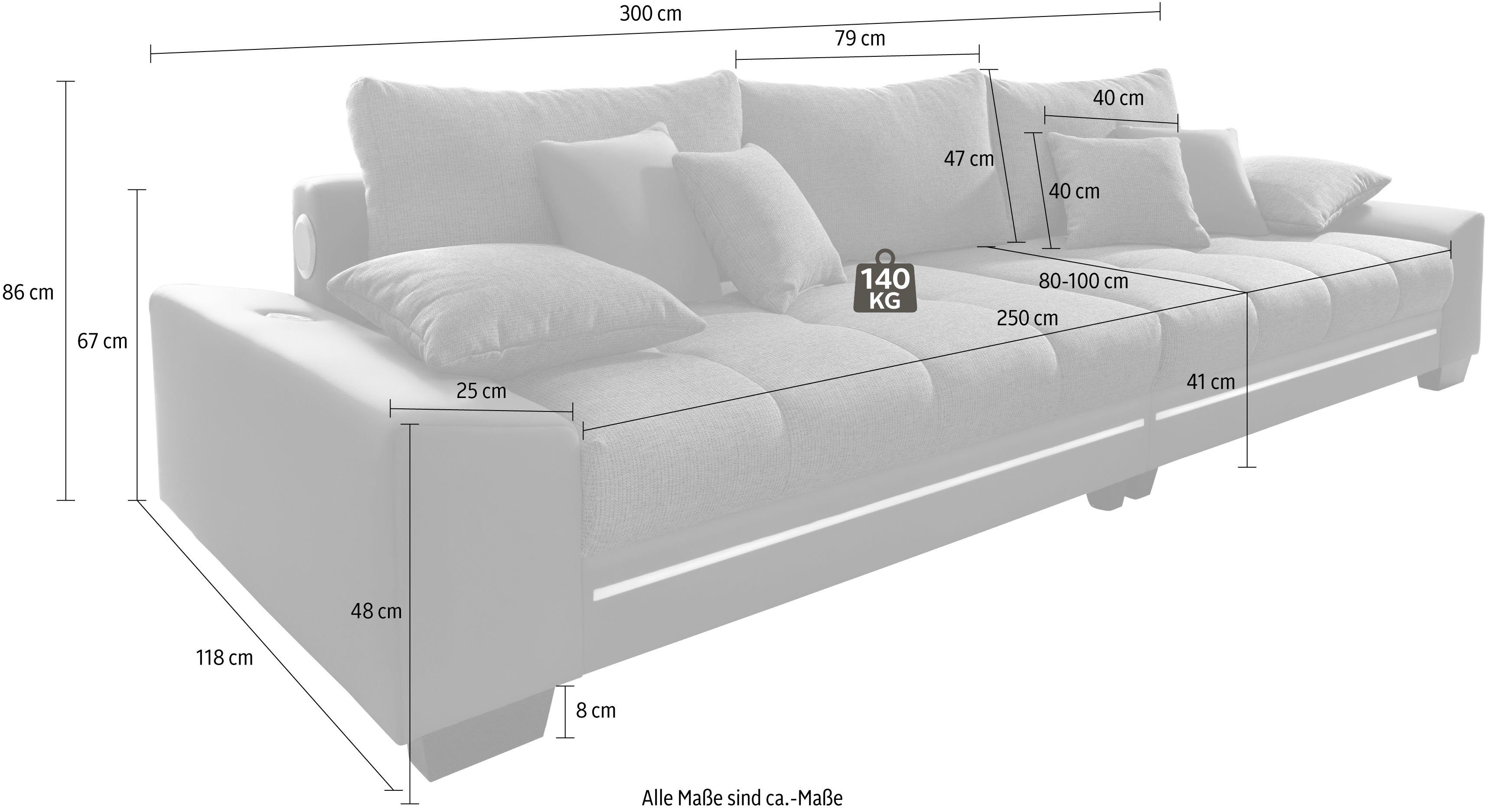 Nova Via Big-Sofa, wahlweise mit Kaltschaum (140kg Belastung/Sitz), mit RGB-LED-Beleuchtung und Bluetooth-Soundsystem-Otto