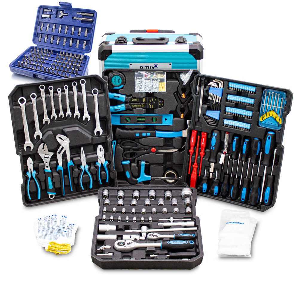 Bituxx Werkzeugtrolley Werkzeugkoffer Set 1300 tlg. (Komplett-Set, 1300 St., Trolley mit 4 bestückten Werkzeugeinlagen, Bitsatz, MS-14490), mobil & praktisch: Rollkoffer mit Teleskopgriff und 4 Ebenen
