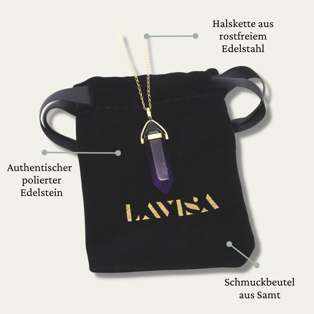 LAVISA Kette mit Anhänger gold Naturstein Halskette Kristall Amethyst Edelstein Obelisk