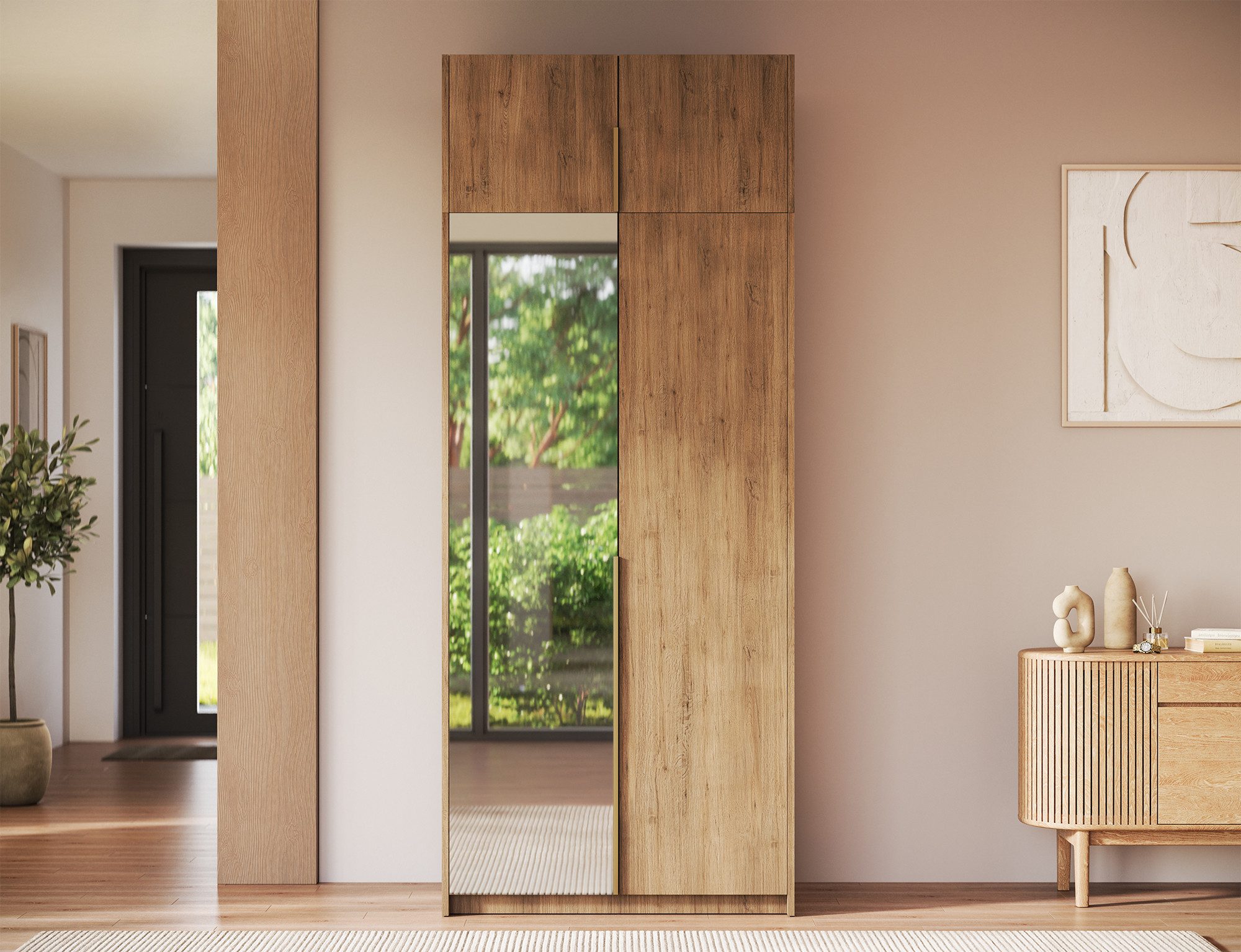 MOEBLO Drehtürenschrank Lunaro II (moderner Kleiderschrank 2-türig Schrank Garderobe Schlafzimmer, 100 cm, mit Spiegel Drehtüren Weiß Kaschmir Artisan Gold Griffe optional mit Aufsatz) (BxHxT): 100 x 204 x 58 cm