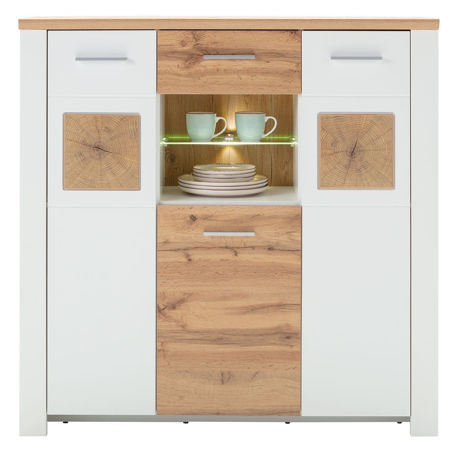 LIV'IN Highboard MATERA, B 122 x T 39 cm, Weiß supermatt Dekor, Eiche Altholz Dekor, 3 Türen und 1 Schublade, LED-Beleuchtung